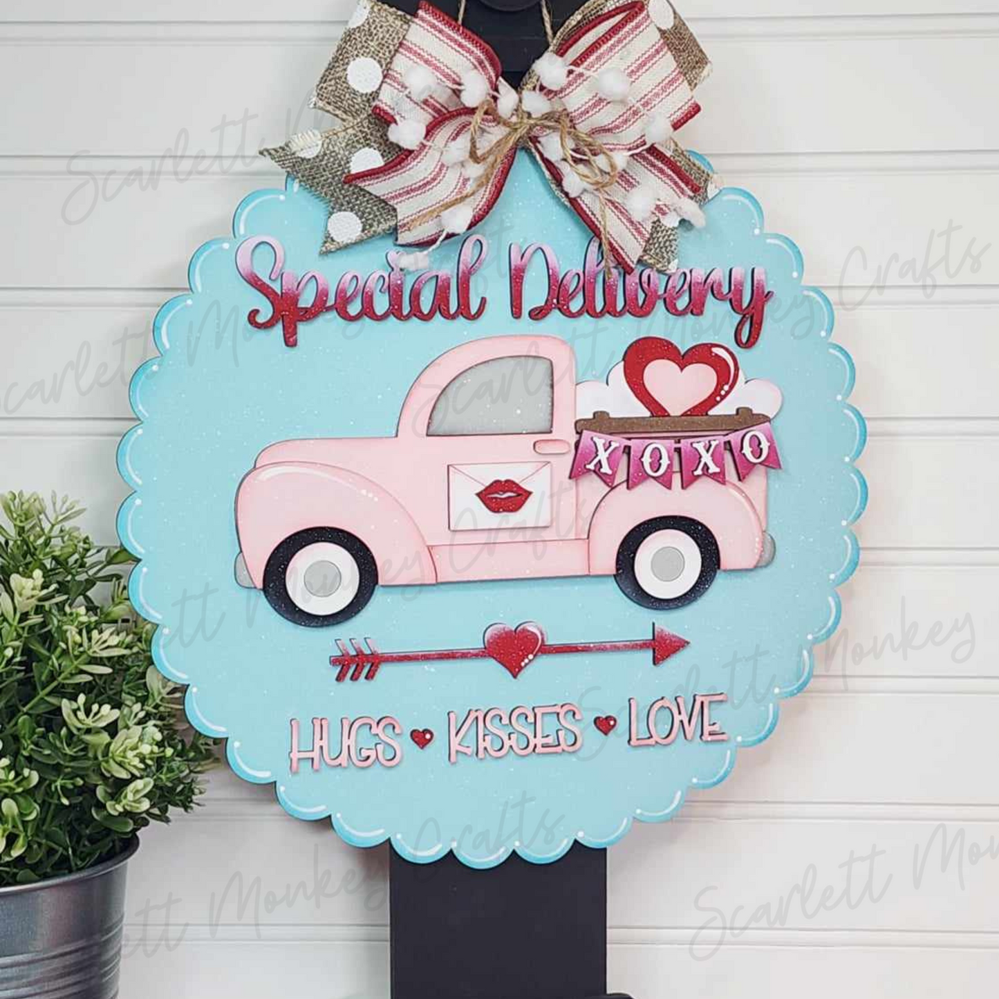 Valentine farm truck door hanger craft project with "Special Delivery" message and heart design.