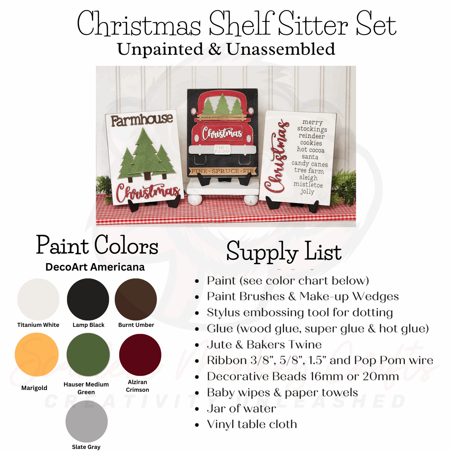 Paintable wood project Christmas shelf sitter set with supply list and paint color options.