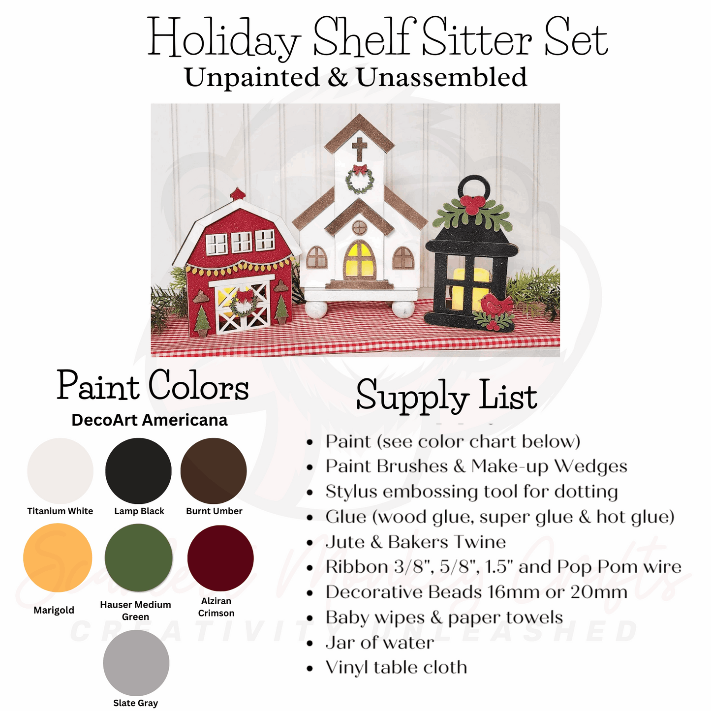 Paintable wood project - holiday shelf sitter set with supply list and paint colors.