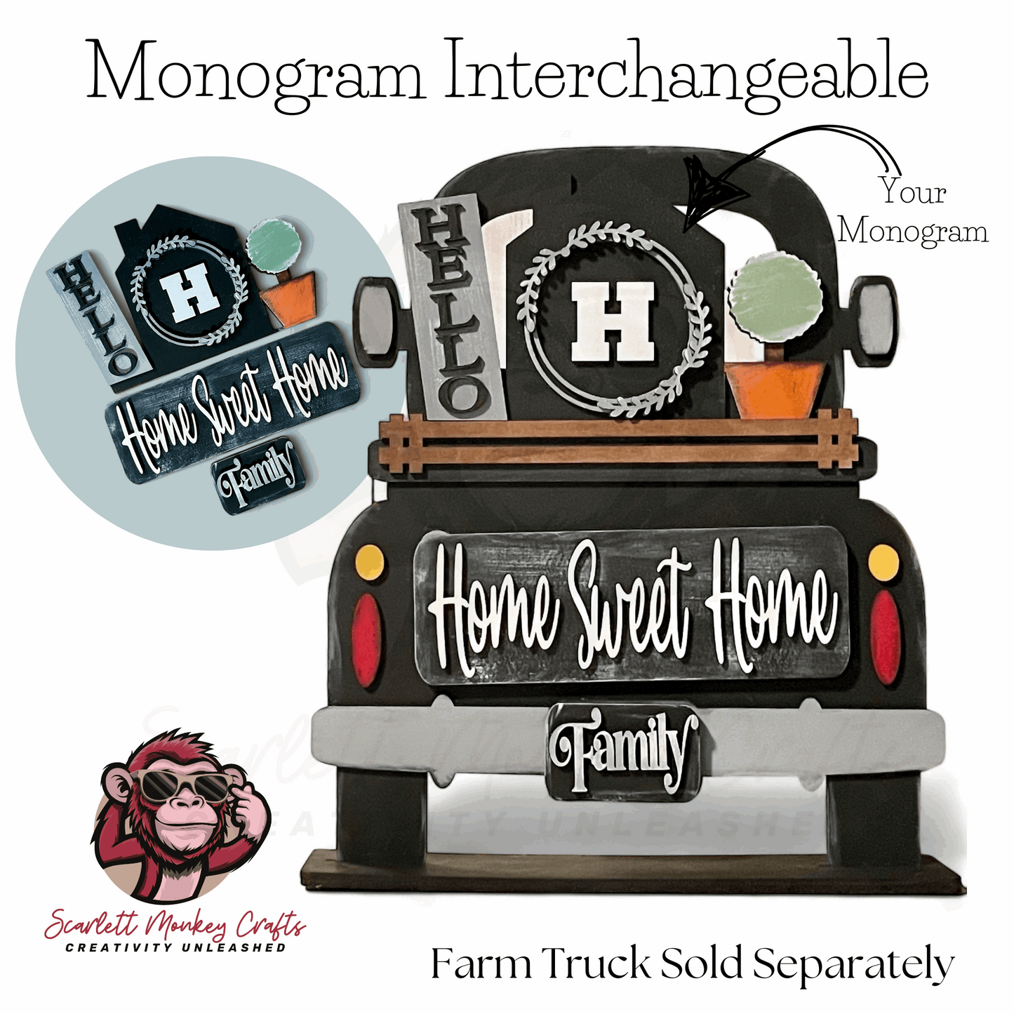 Paintable wood project monogram interchangeable display with Farm Truck base and customizable Velcro attachments.