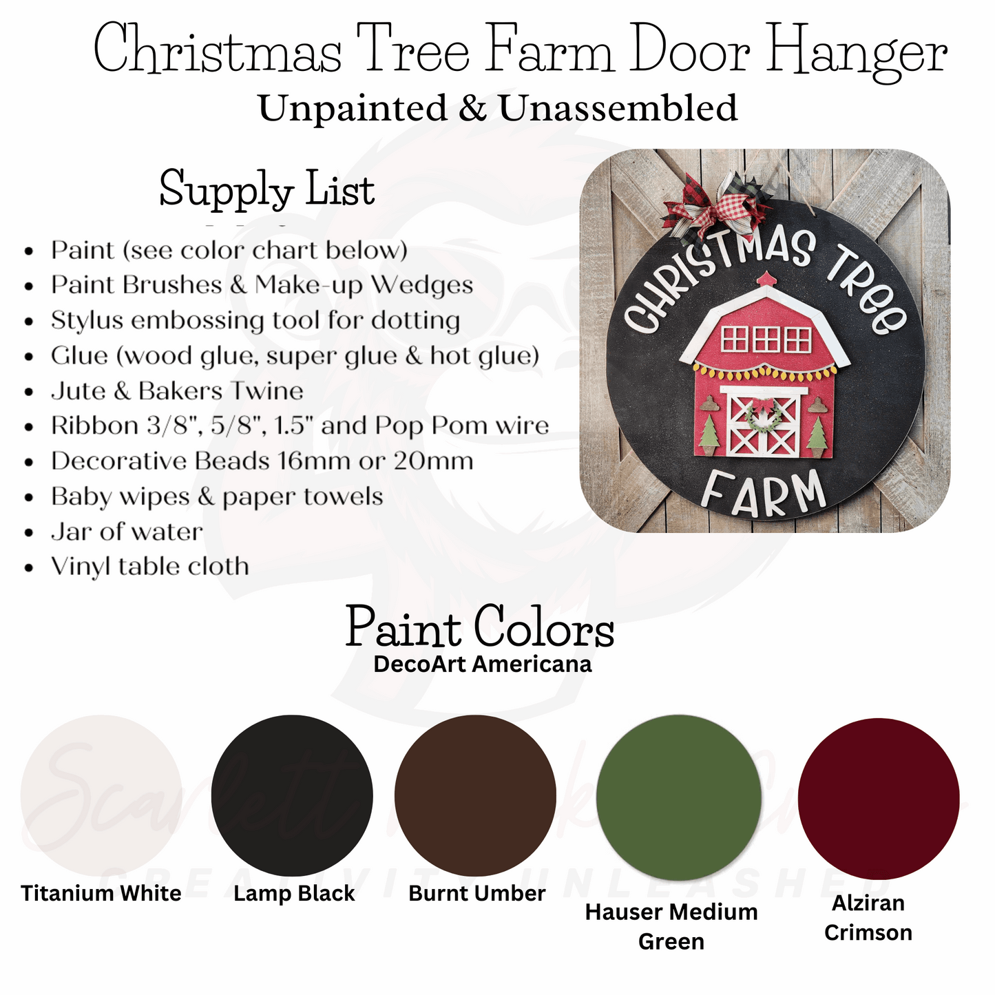 Paintable wood project Christmas tree farm door hanger kit supplies and colors.