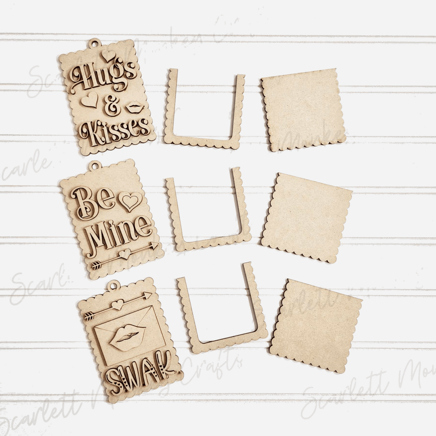 Paintable Valentine gift card tags set of 3 on white background.