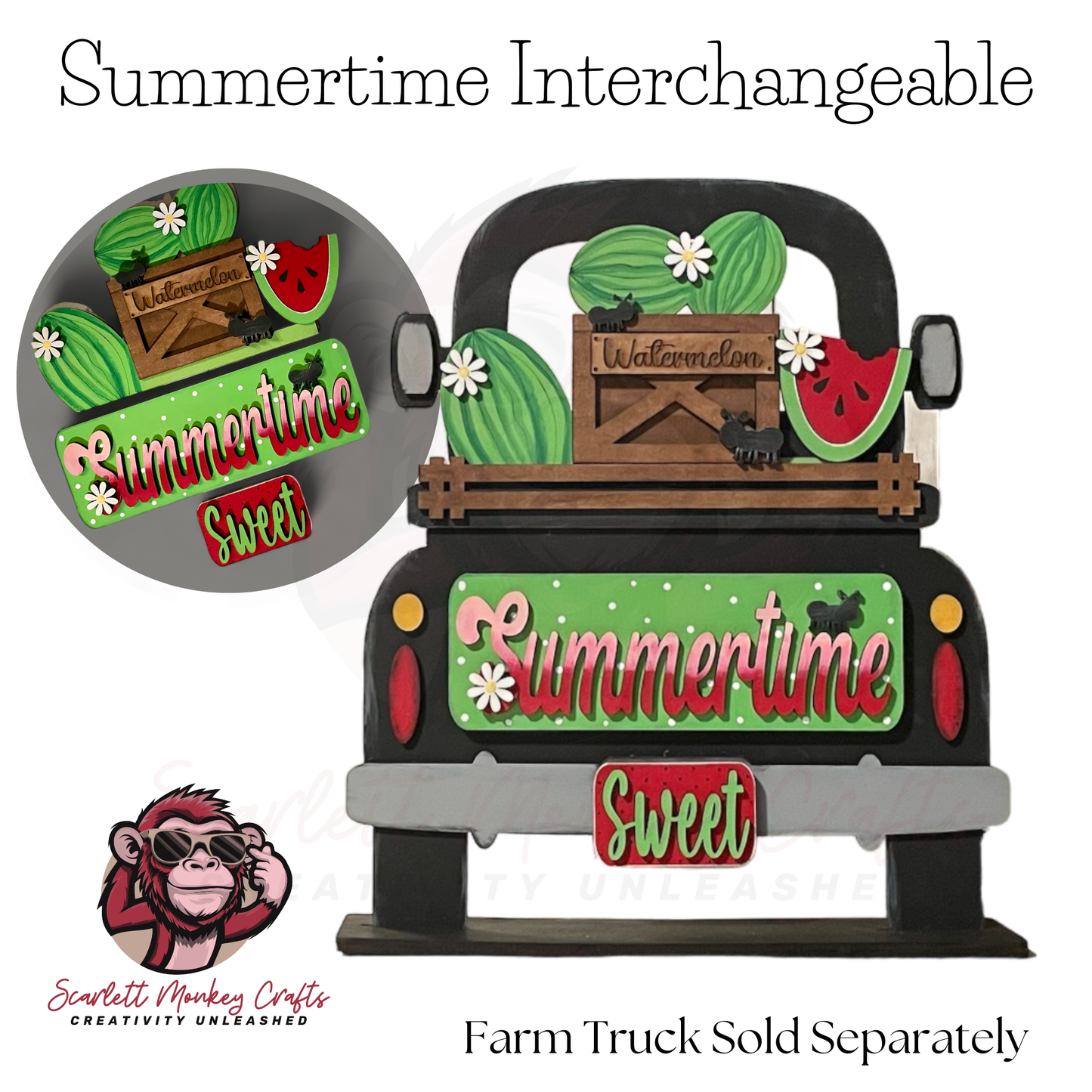 Paintable wood project, Summertime Interchangeable add-on for Farm Truck with Velcro attachments and watermelon theme.