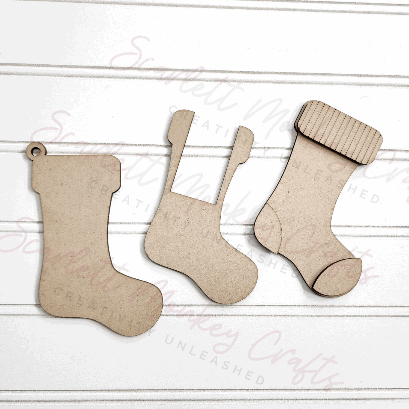 Paintable wood stocking ornaments with money holder, set of 3 for crafting and decorating.