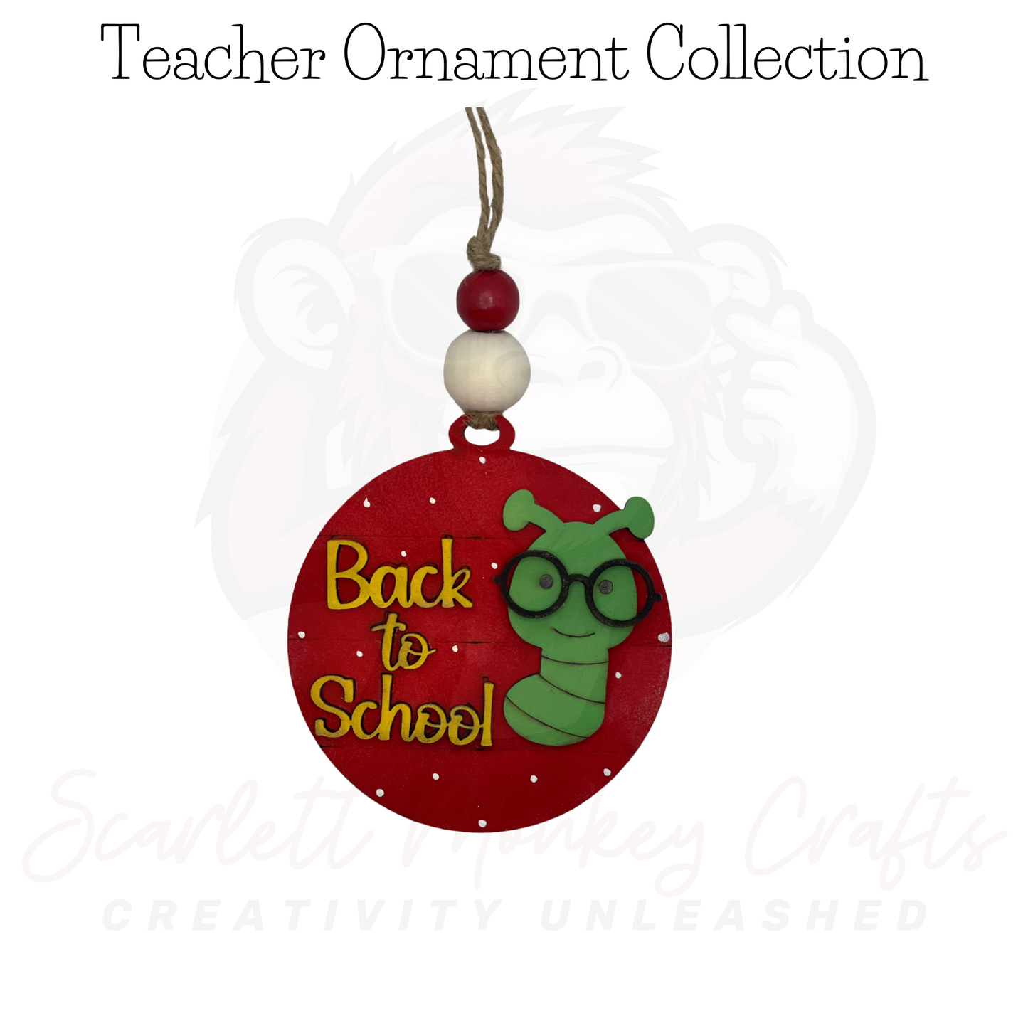 Christmas ornament with "Back to School" text, handcrafted wooden design.