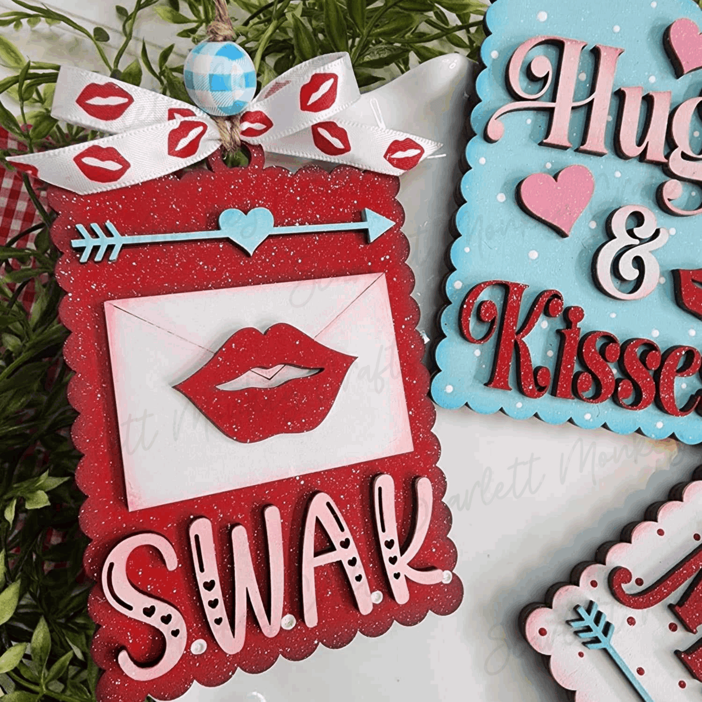 Paintable wood Valentine gift card tags set with decorative designs and wooden elements.