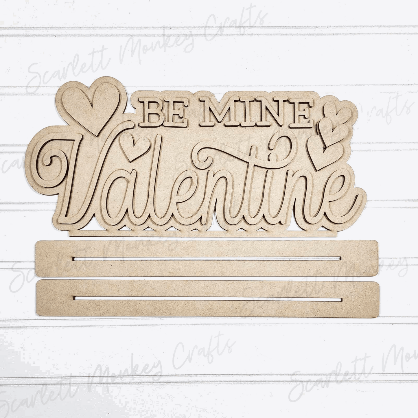 Paintable wood project, Be Mine Valentine Shelf Sitter kit with cutout lettering and heart designs.