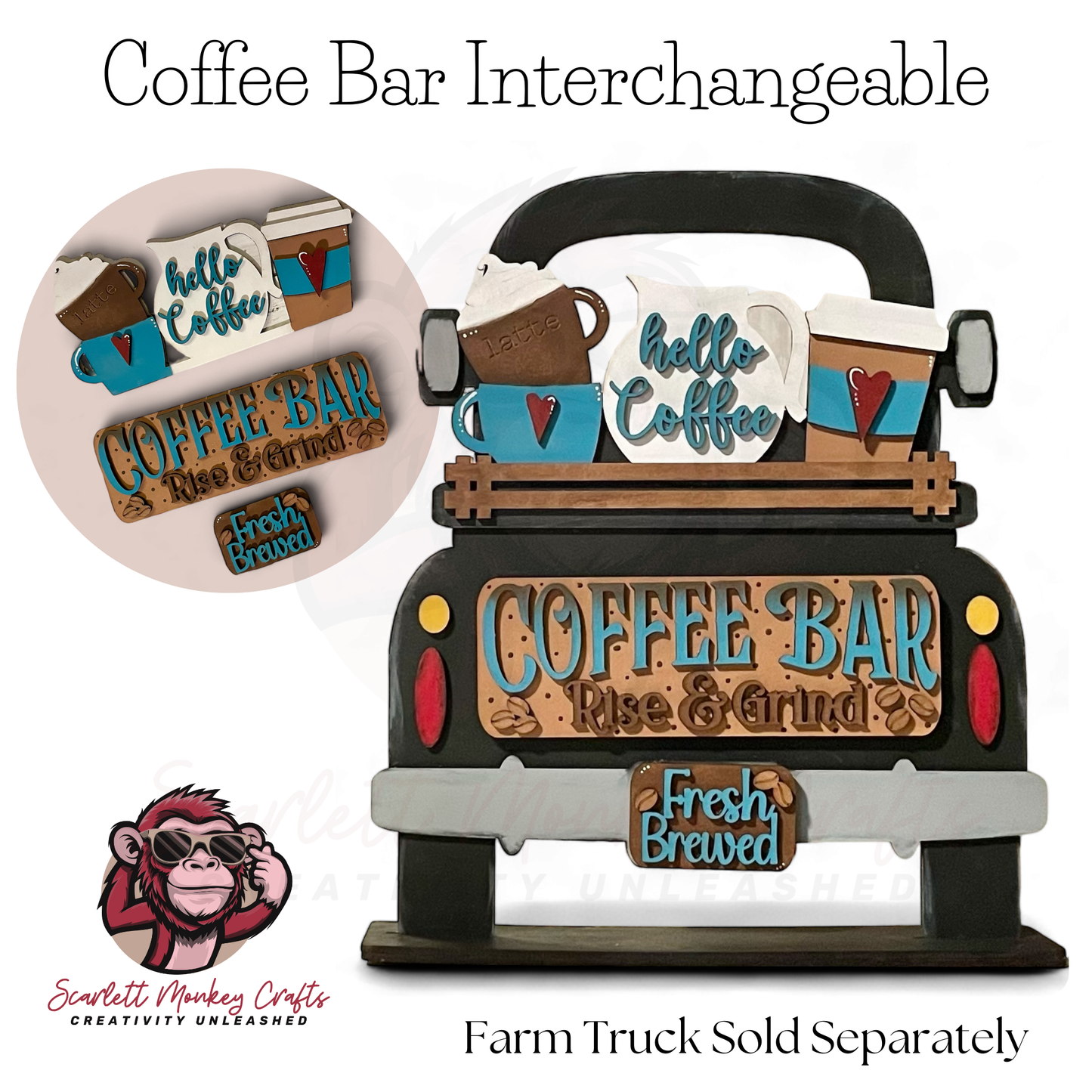 Paintable wood project, coffee bar interchangeable add-on with Velcro attachments for Farm Truck base, Farm Truck sold separately.