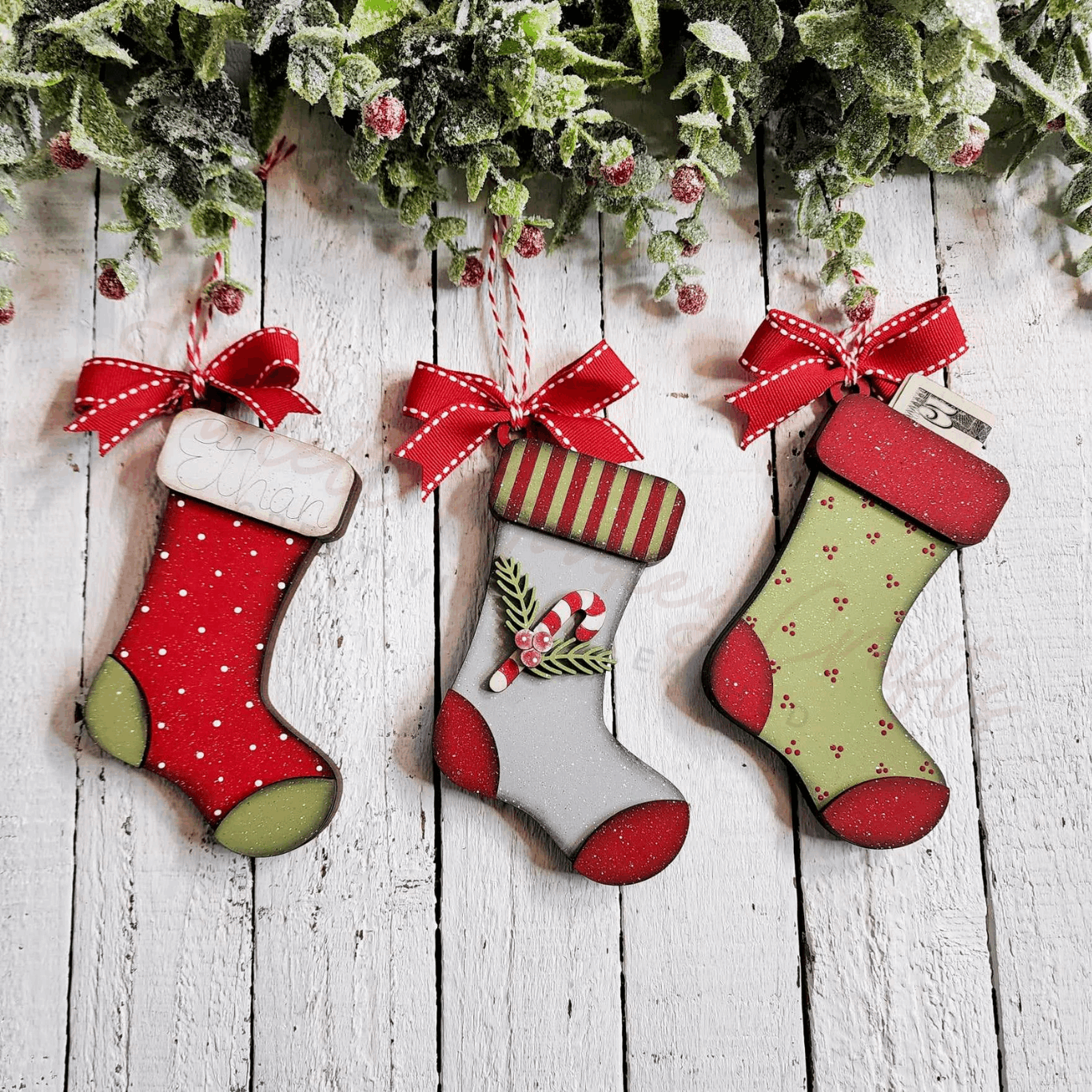 Paintable wood stocking ornaments with money holder for craft projects.