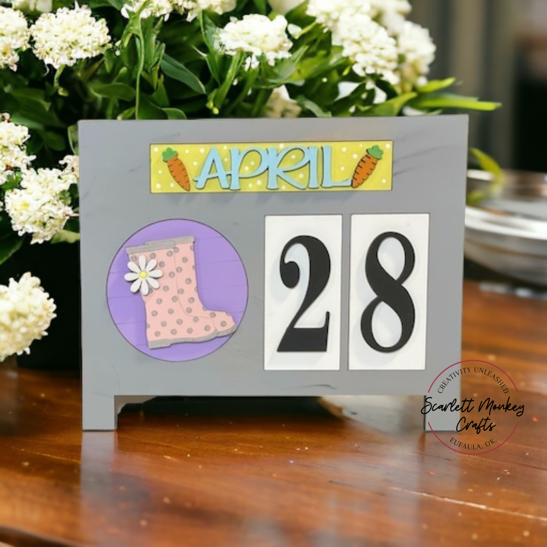 Interchangeable Seasonal Standing Calendar Sign Base with April display and floral detailing.