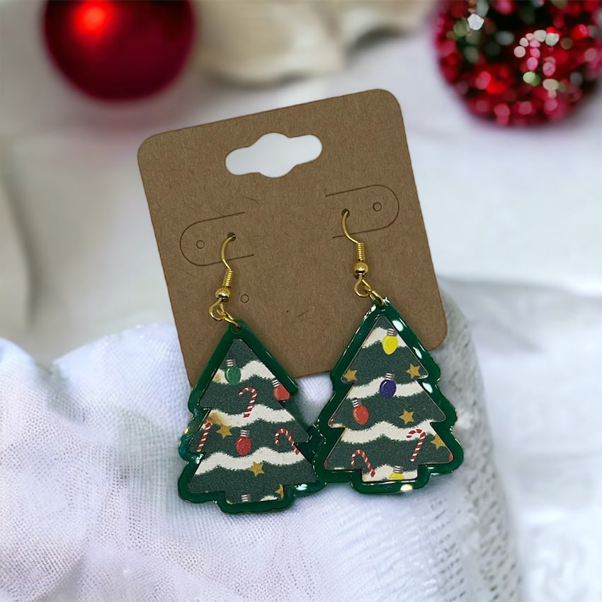 Patterned Christmas Tree Earrings w/Gold Hardware