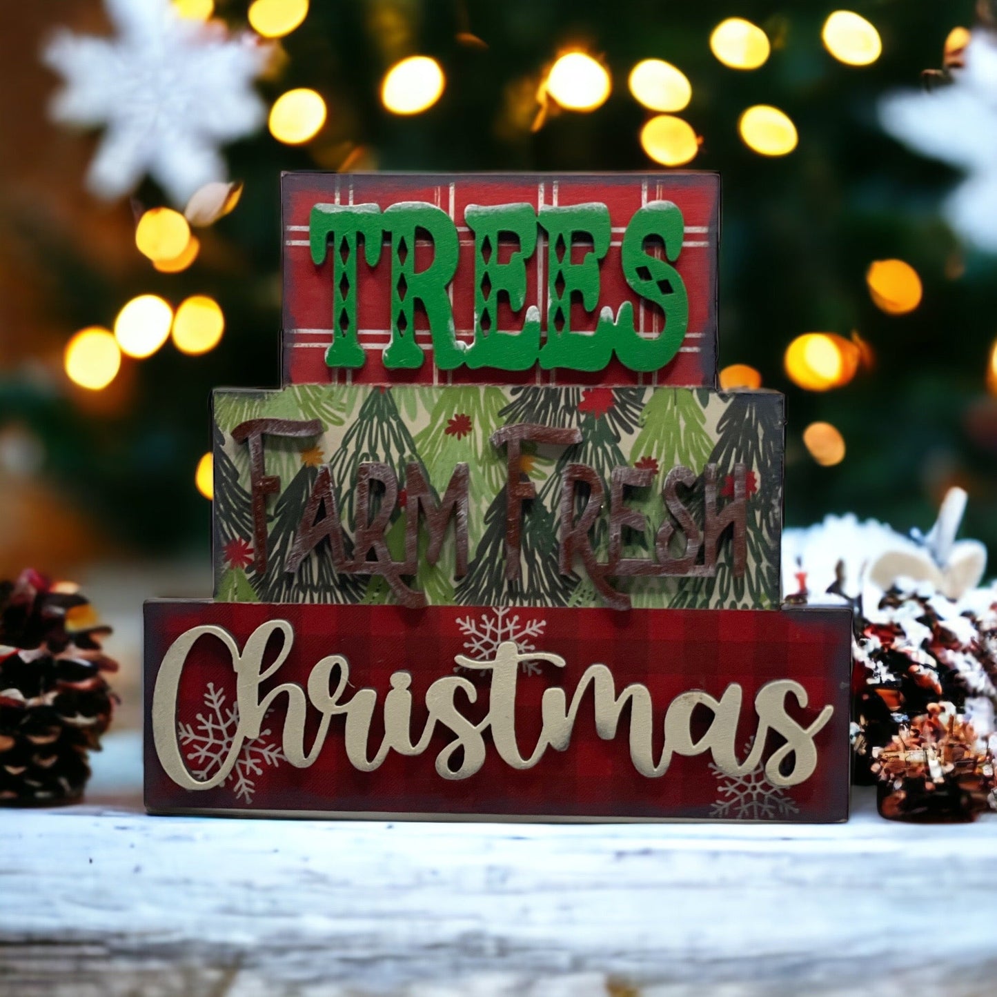 Handcrafted Christmas Word Stacker for festive decor display.