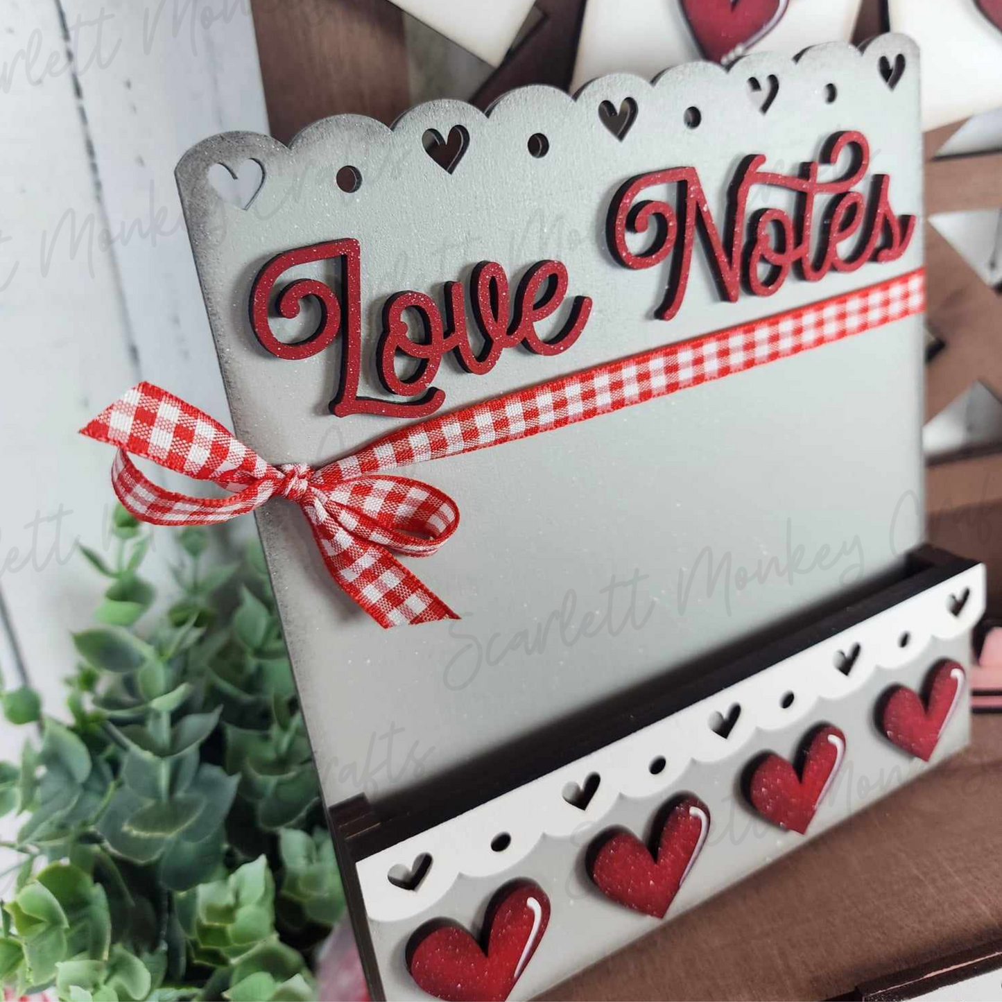 Paintable Wood Project Valentine's Day tiered tray set with "Love Notes" sign and heart designs.