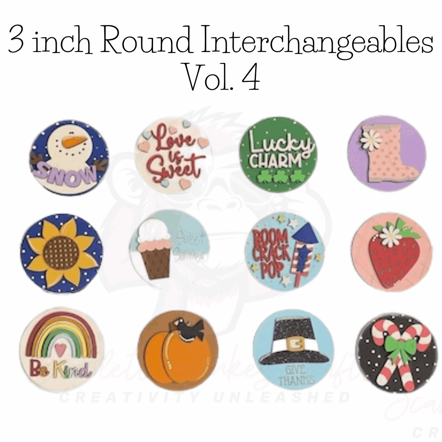 Interchangeable round inserts for girl gnome decoration, Vol. 4 set with seasonal and themed designs.