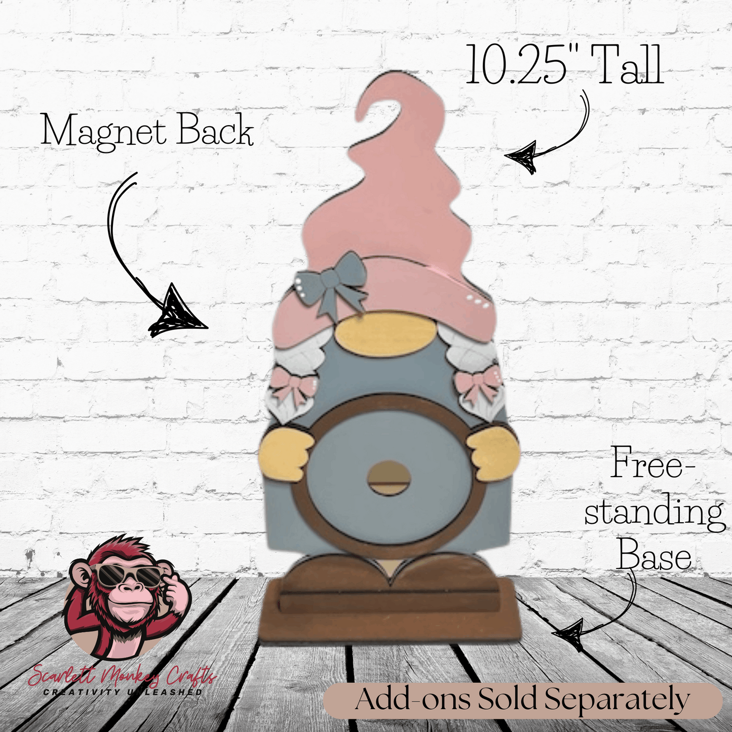 Interchangeable Standing Girl Gnome decor with magnetic back, freestanding base, 10.25 inches tall.