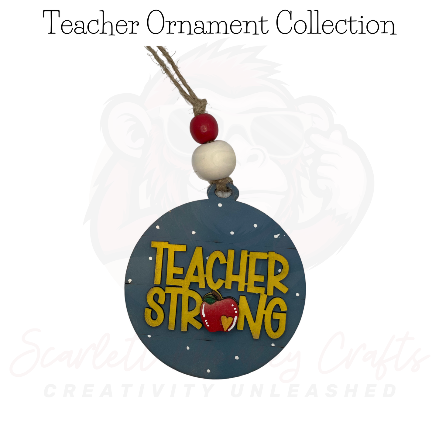 Handcrafted wooden Christmas ornament with "Teacher Strong" design, ideal gift for teachers.