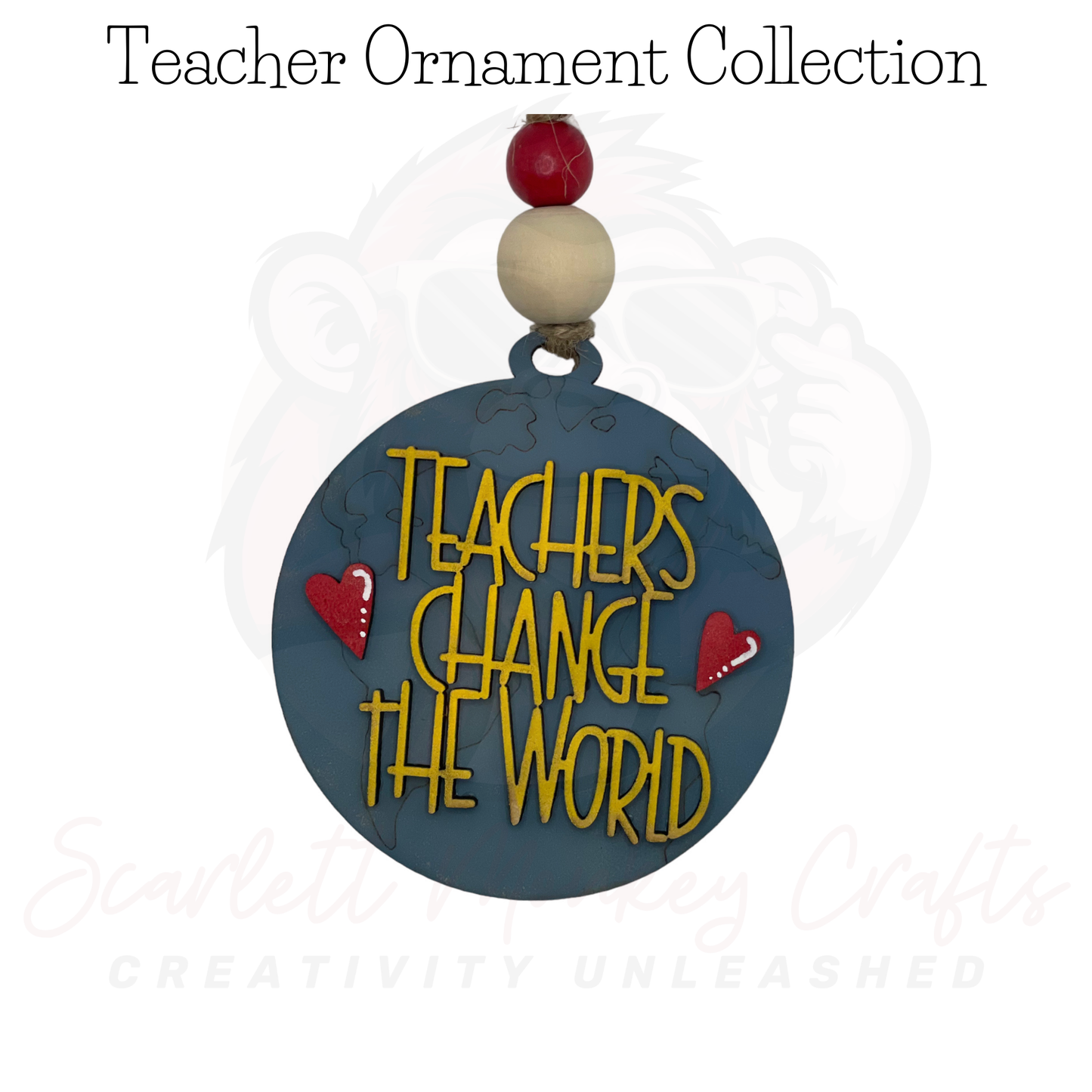 Handcrafted wooden Christmas ornament for teachers, "Change the World," vibrant colors, 3.43 inches.