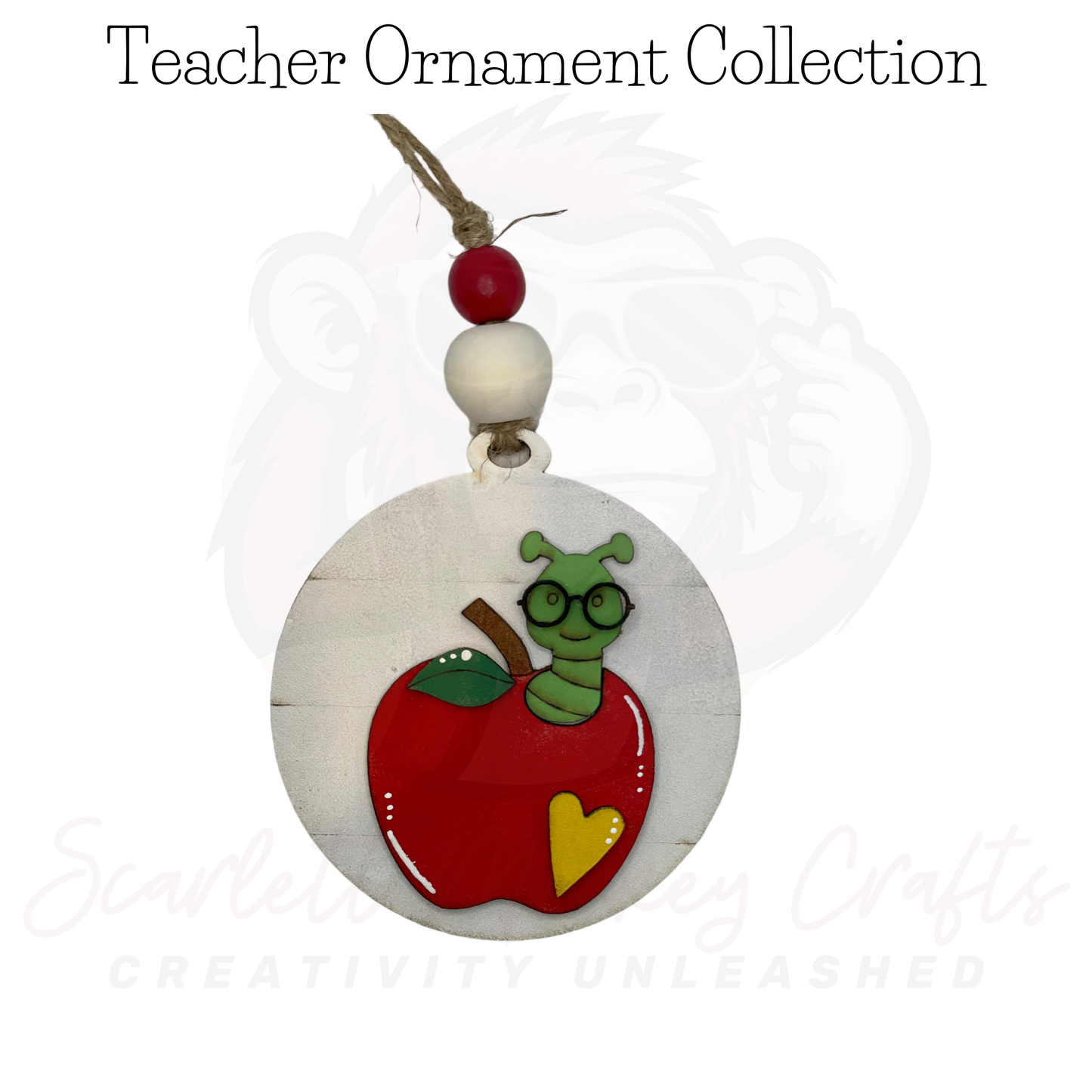 Christmas ornament with worm in apple design, handcrafted from wood.