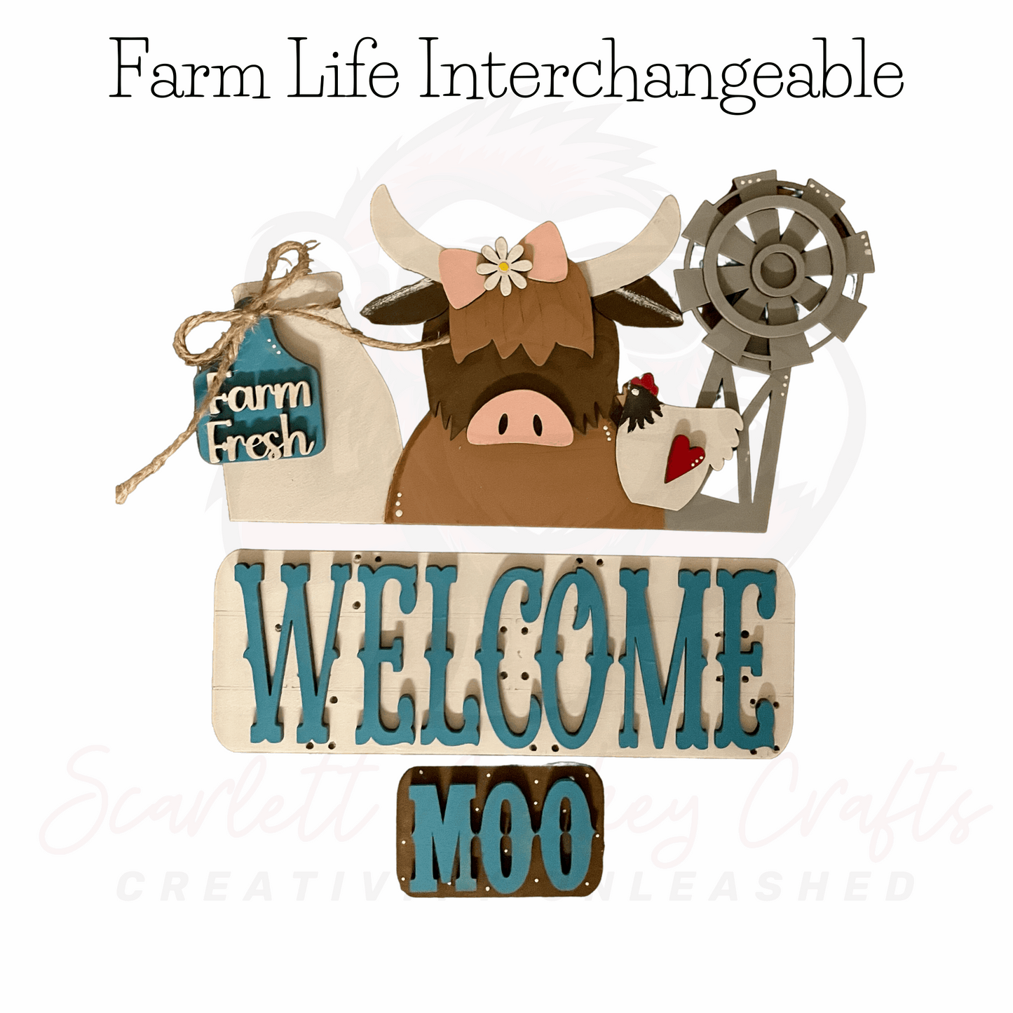 Farm Life Interchangeable set with cow, welcome sign, Ferris wheel, and farm sack.