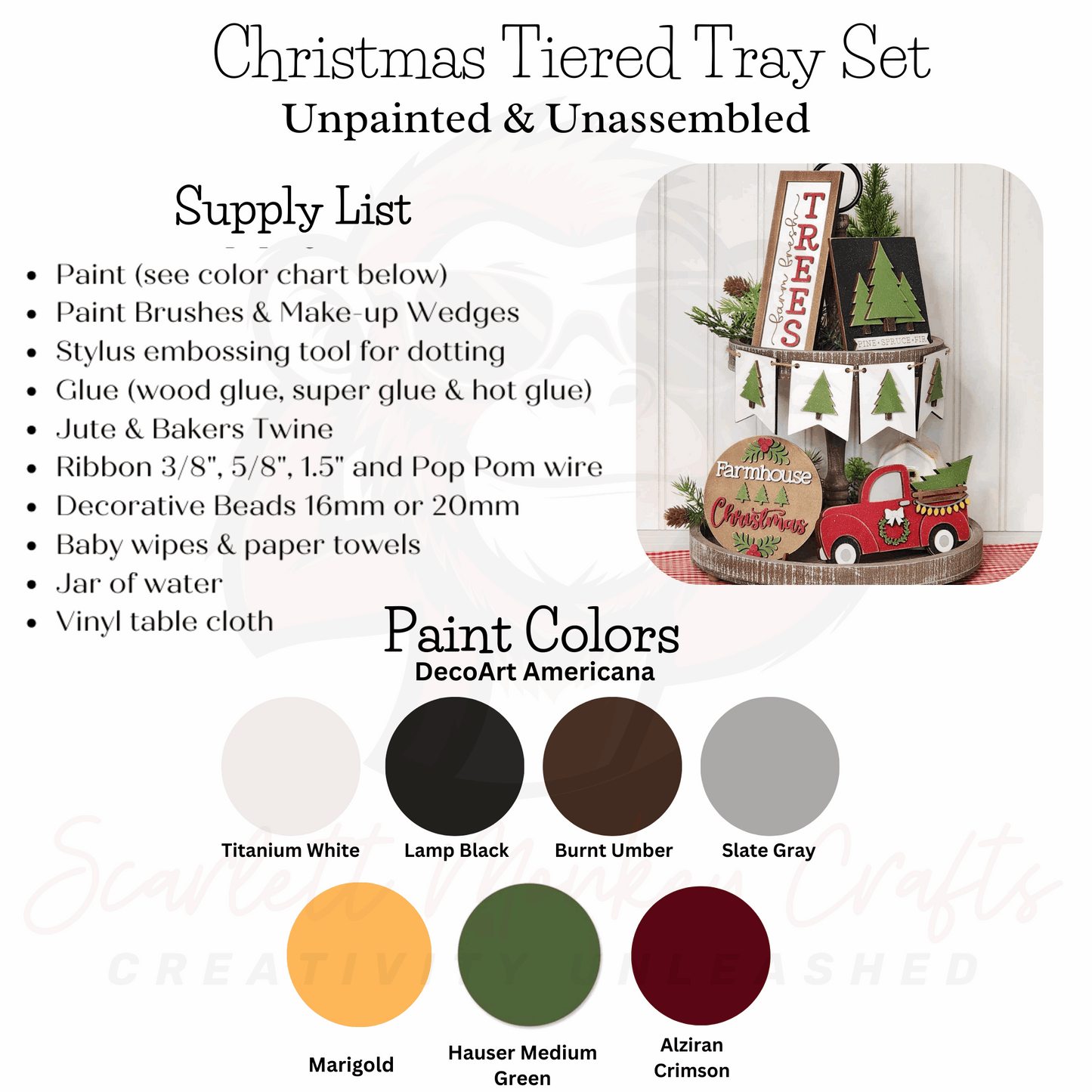 Paintable wood project, Christmas tiered tray set, unpainted and unassembled with supply list and paint colors.