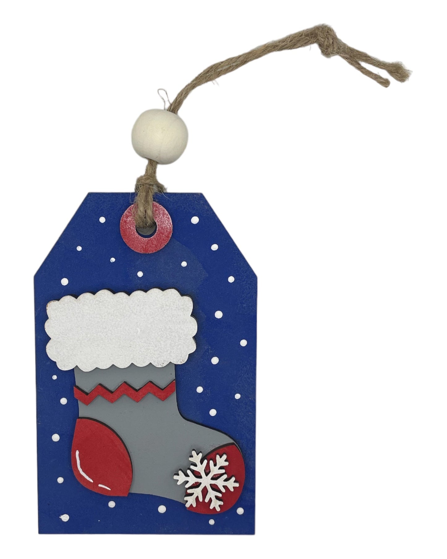 Christmas ornament snowflake stocking gift card holder with secret pocket, hand-painted wooden design.