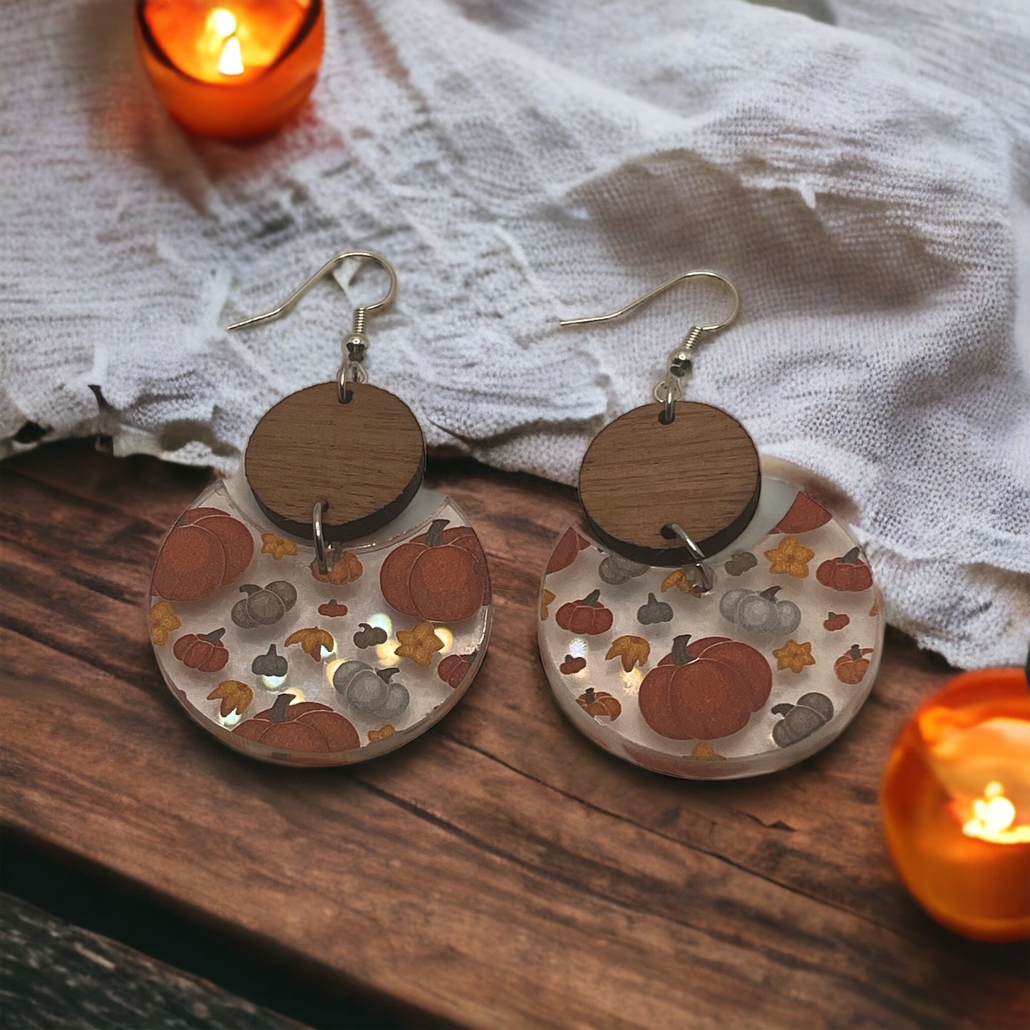 Wood and Acrylic  Pumpkin Fall Themed Earrings