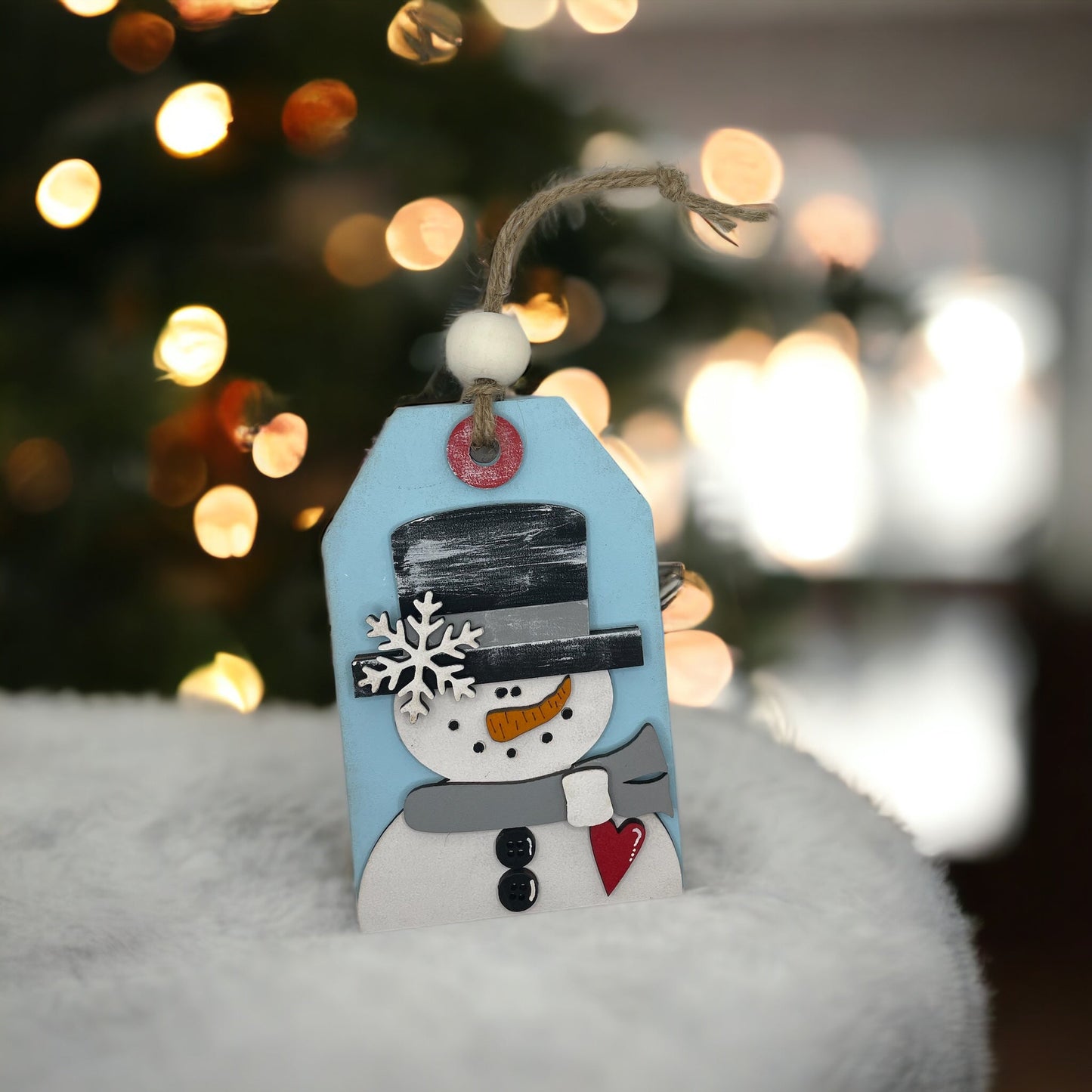 Christmas ornament snowman gift card holder with secret pocket, hand-sculpted wood.