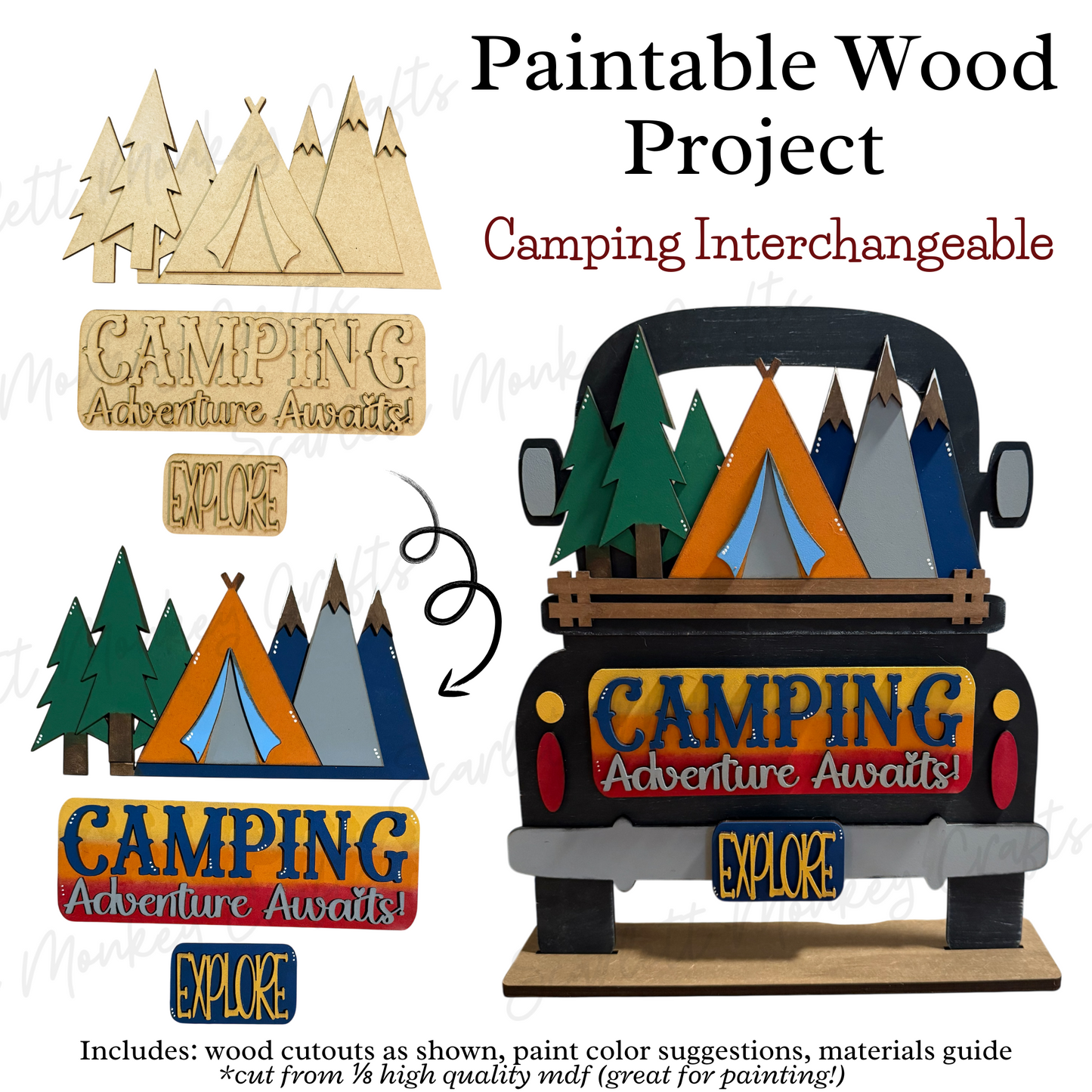 Camping Interchangeable paintable wood project with truck add-on design.