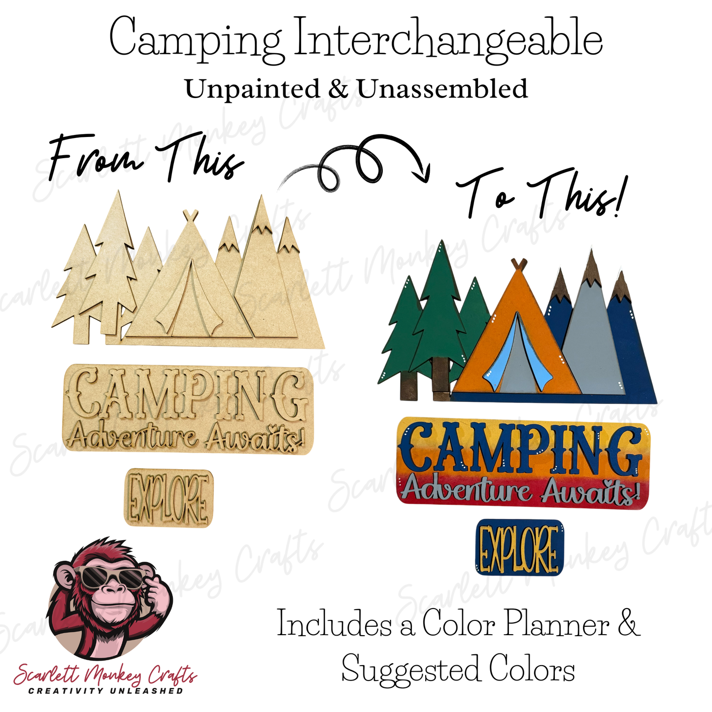 Camping Interchangeable paintable wood pieces, unpainted and assembled example, showcasing customizable MDF craft kit for Farm Truck upgrade.
