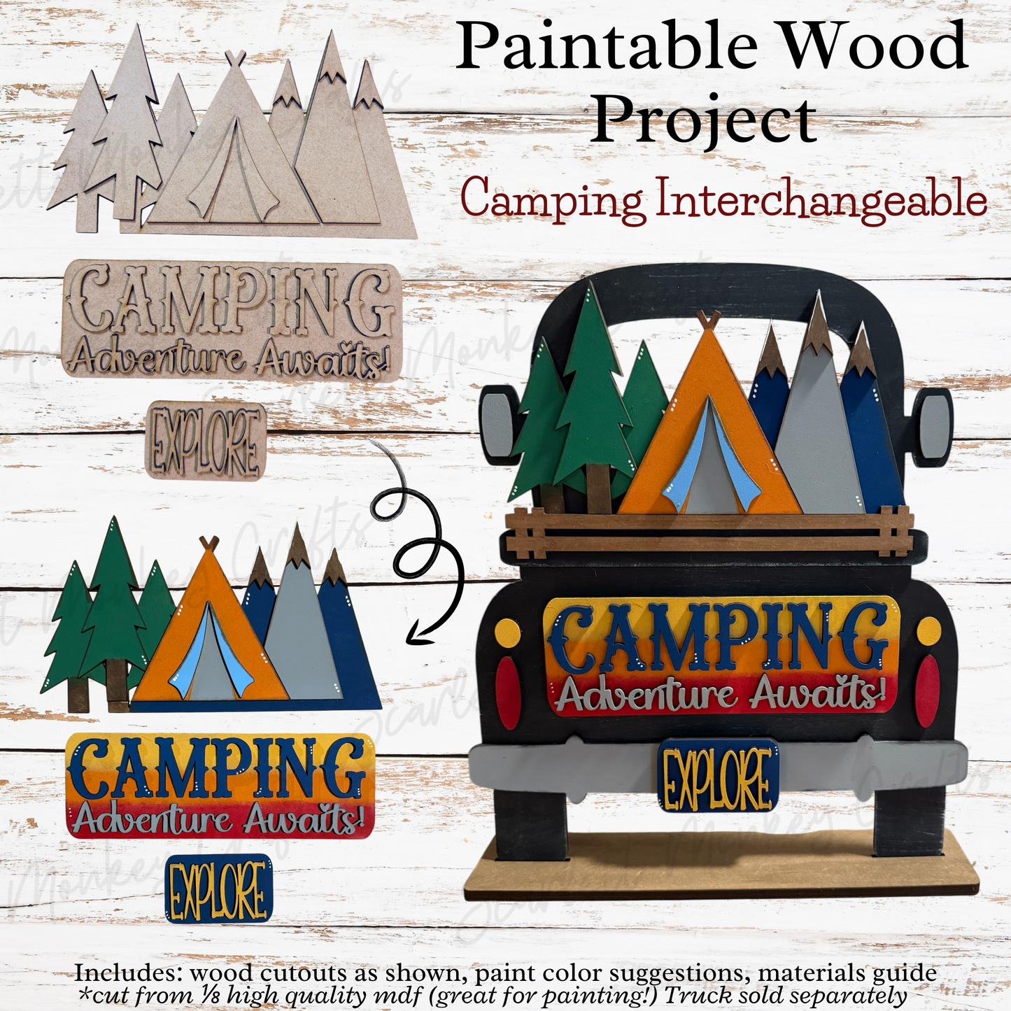 Camping interchangeable paintable wood project with MDF cutouts, featuring camping theme and velcro attachments for easy swap with Farm Truck base.