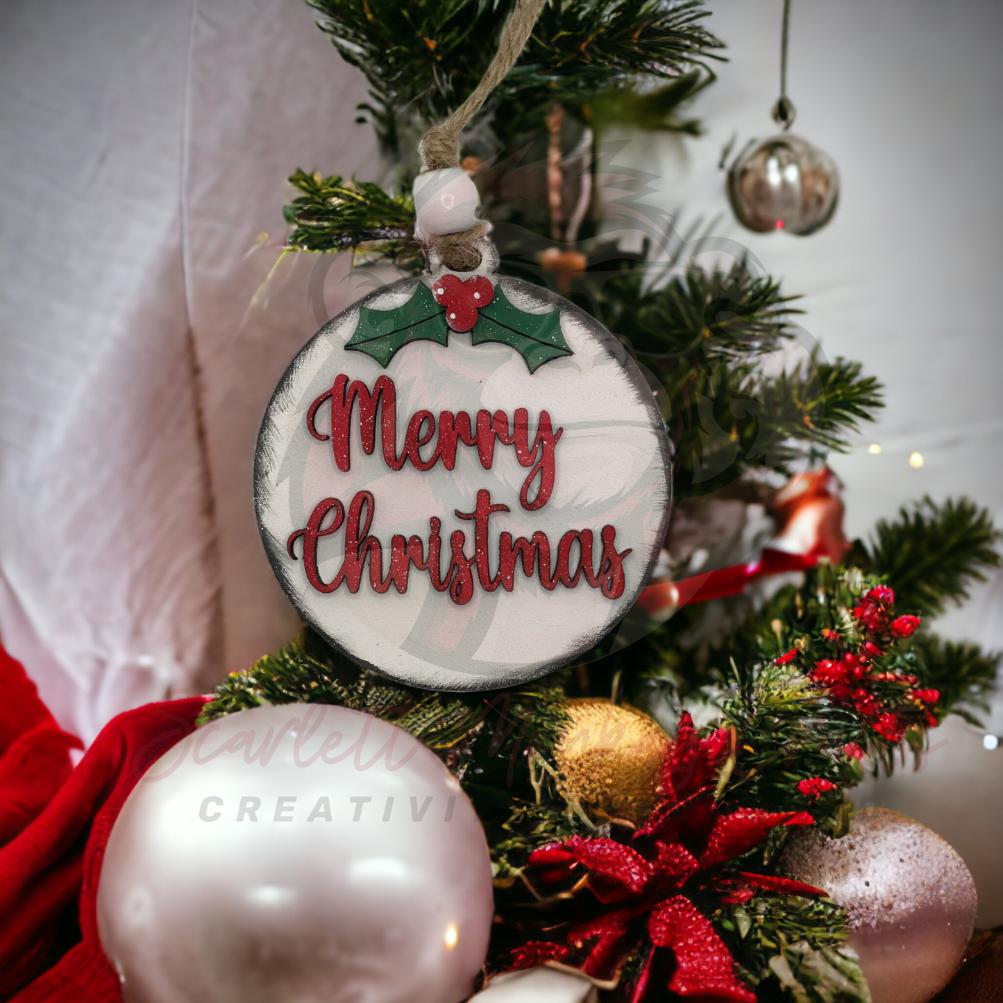 “Merry Christmas” Mistletoe Ornament - Painted