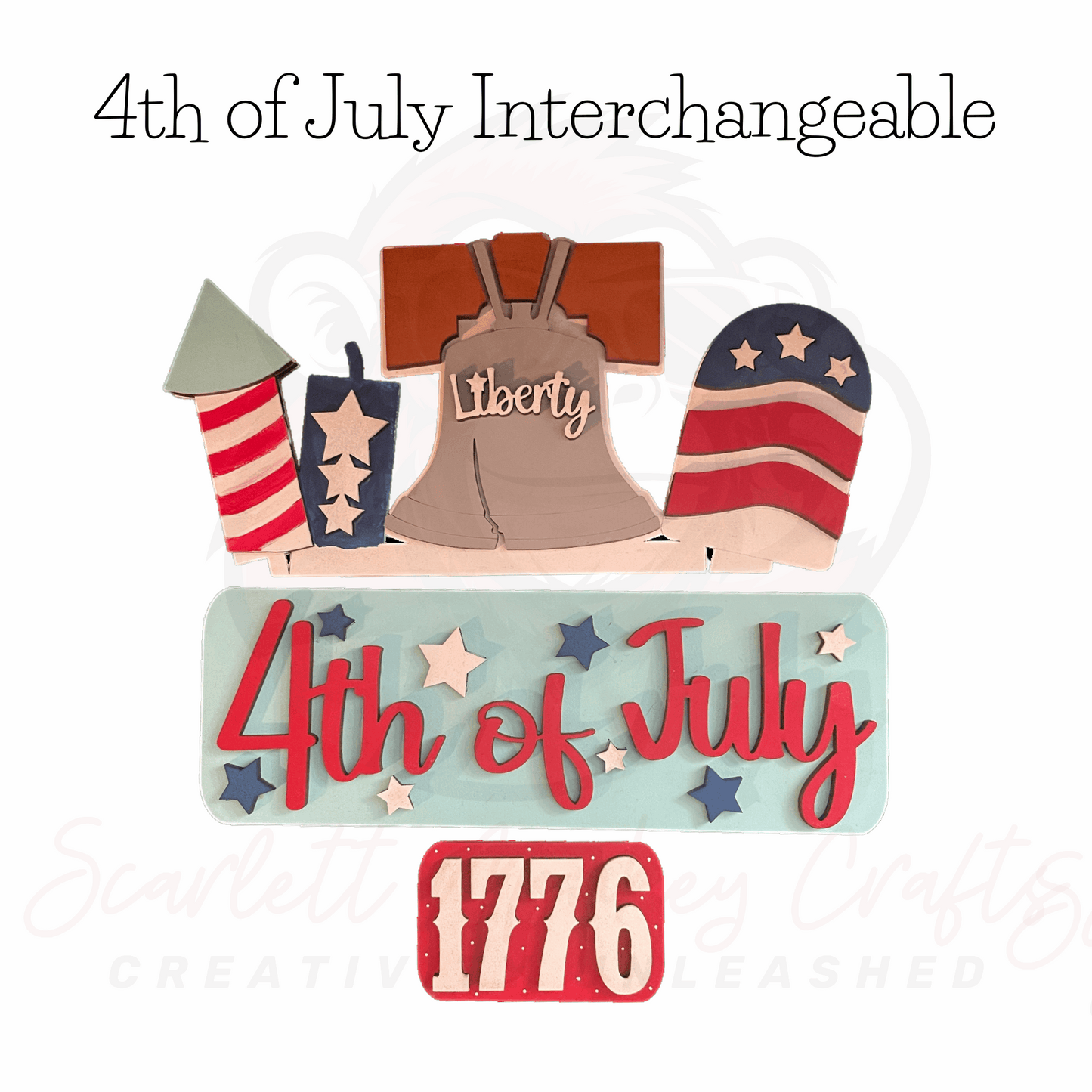 4th of July interchangeable decorations with Liberty Bell, rocket, and "1776" designs.