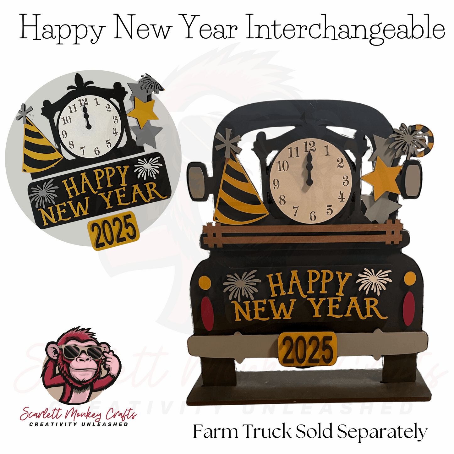 Happy New Year Interchangeable decor with festive design for Farm Truck base, featuring MDF construction and Velcro attachments.