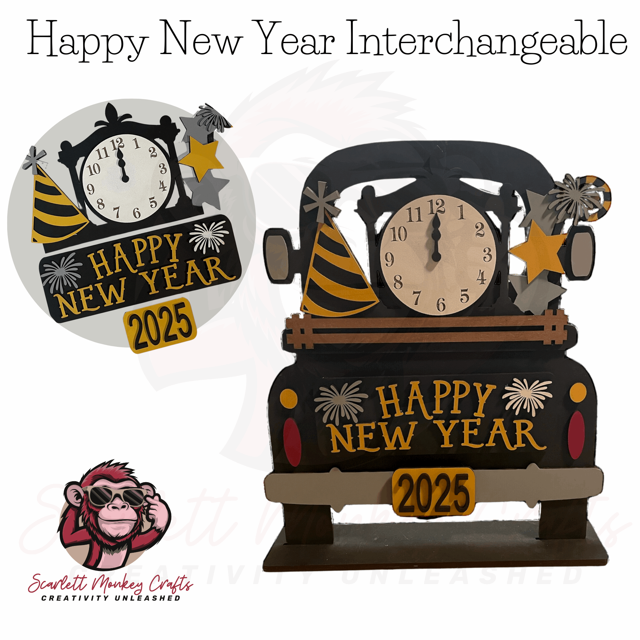 Farmhouse truck decor with interchangeable Happy New Year design, featuring festive elements and 2025 text.