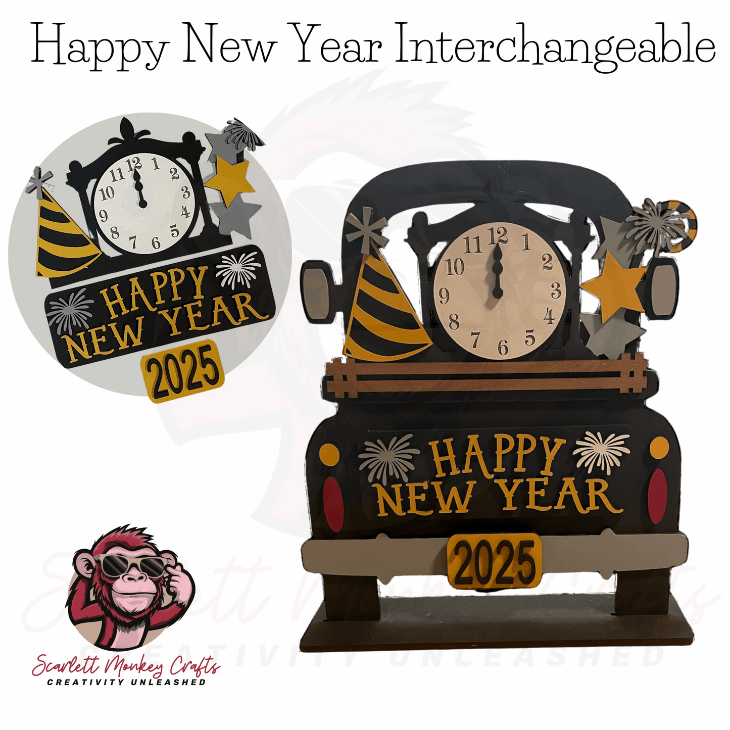 Farmhouse truck decor with interchangeable Happy New Year design, featuring festive elements and 2025 text.