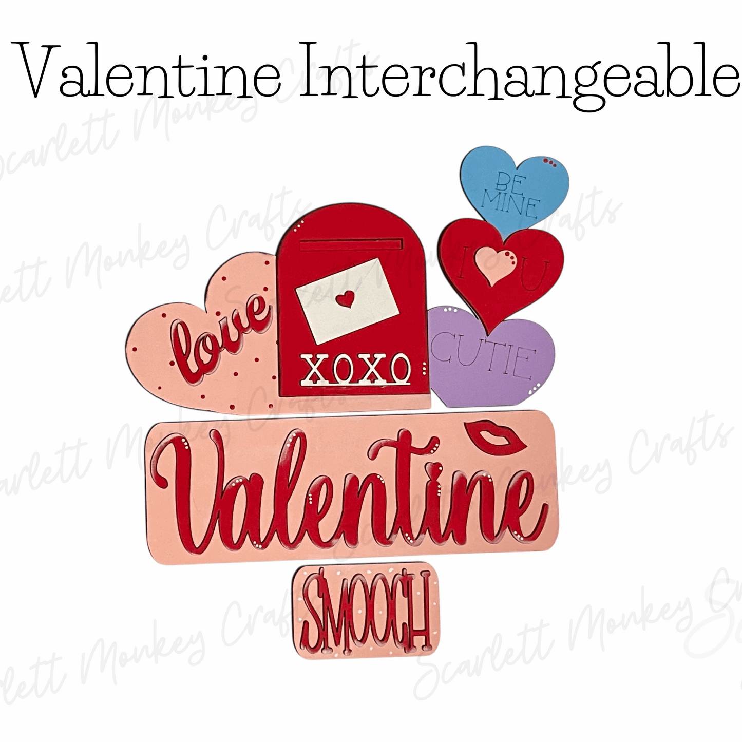 Valentine interchangeable paintable wood project with heart and letter designs.