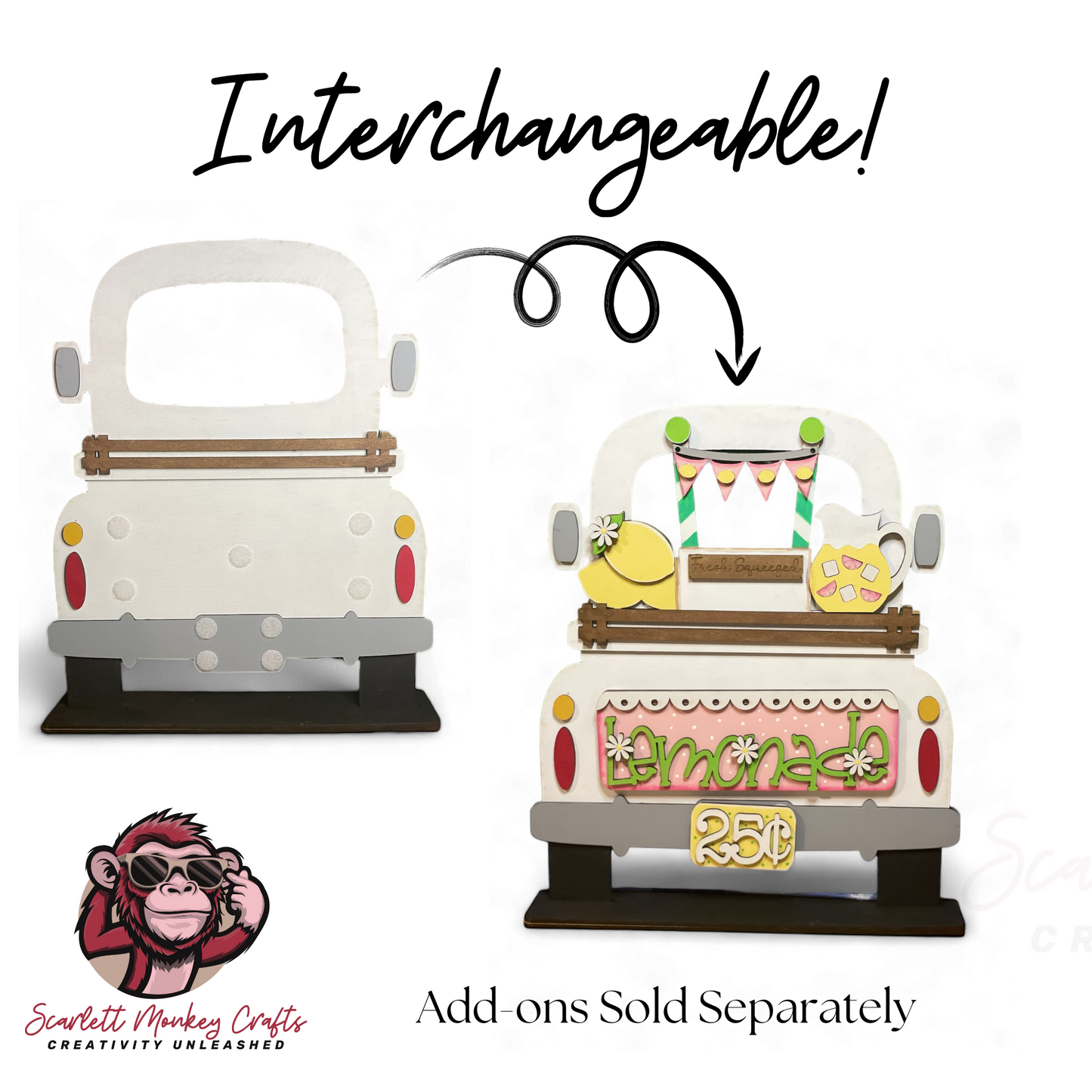 Farmhouse truck interchangeable decor base with customizable color options, perfect for farmhouse style.
