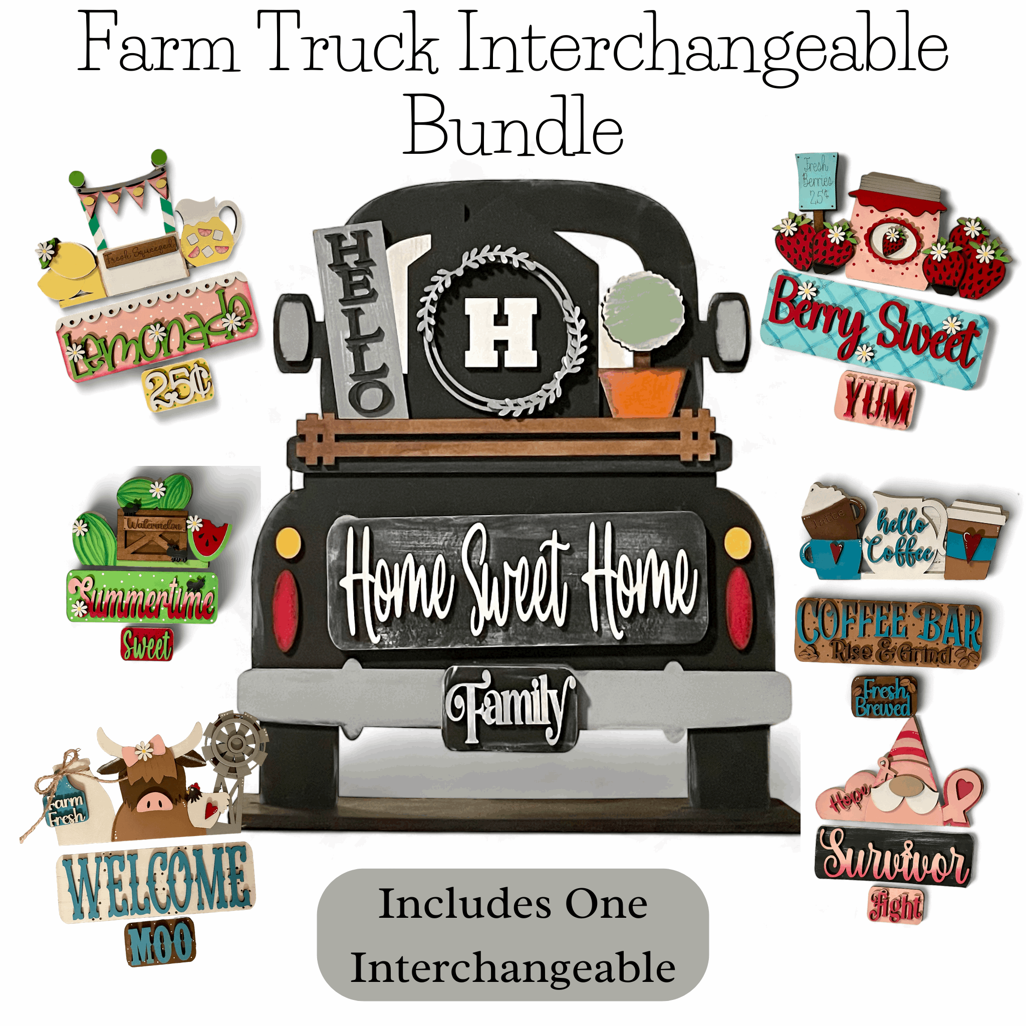Farm Truck Interchangeable Starter Bundle with customizable farmhouse decor pieces and one interchangeable set.