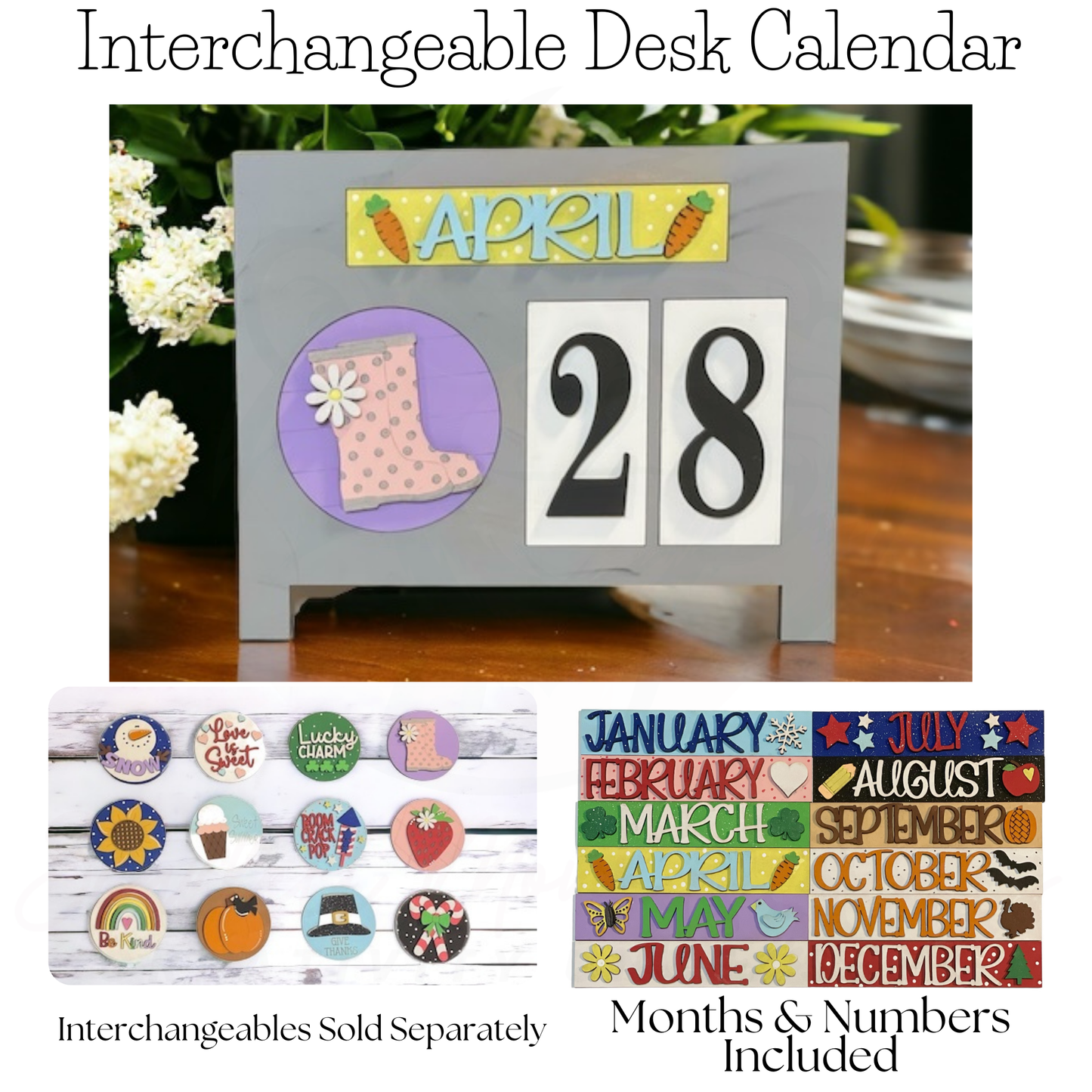Interchangeable seasonal standing calendar sign base with vibrant month plates and numbers.