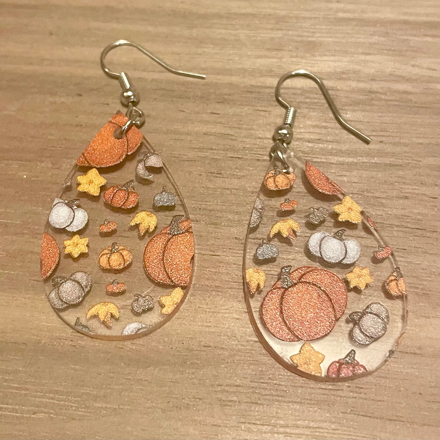 Teardrop Pumpkin Clear Patterned Acrylic Earrings