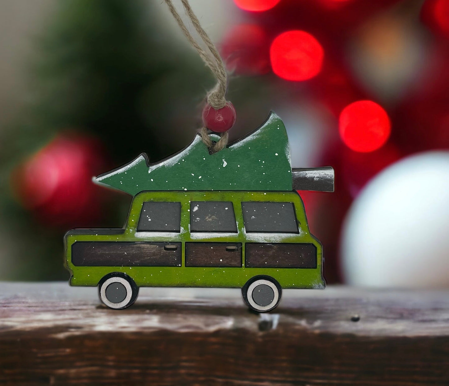 Paintable wood project family Christmas truck ornament, holiday decor.