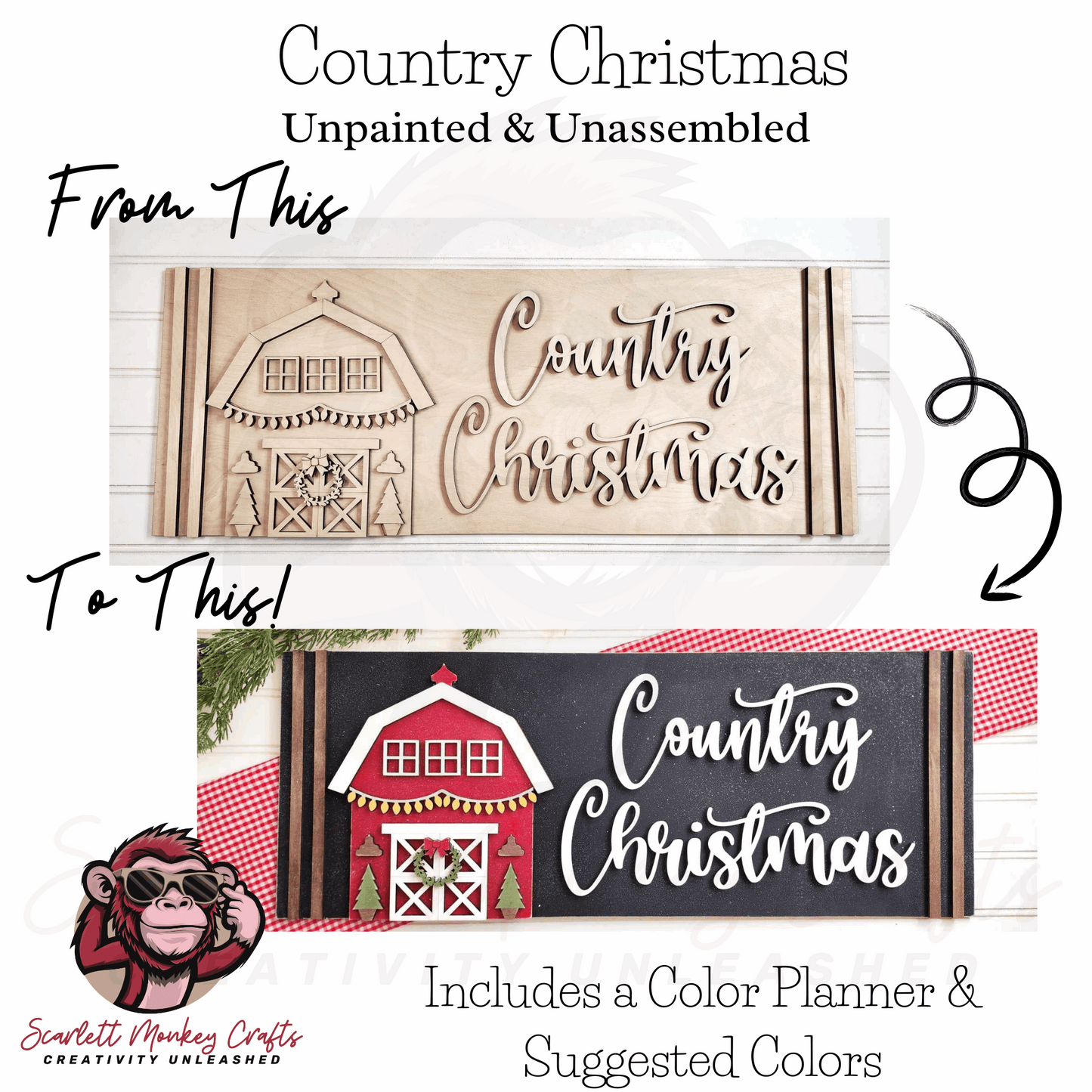 Paintable wood project kit for crafting a country Christmas sign with festive barn design.