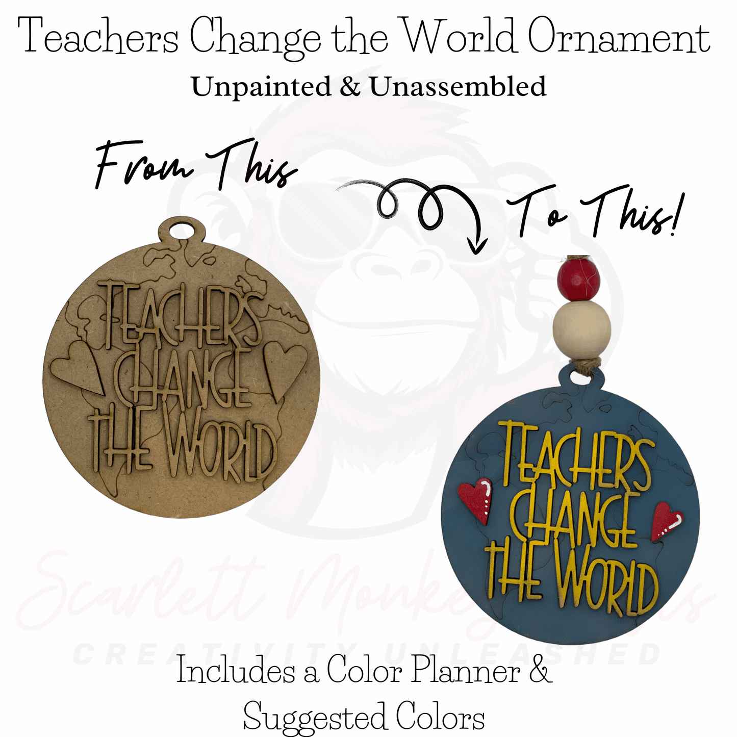 Paintable wood ornament project for teachers, customizable and unassembled.
