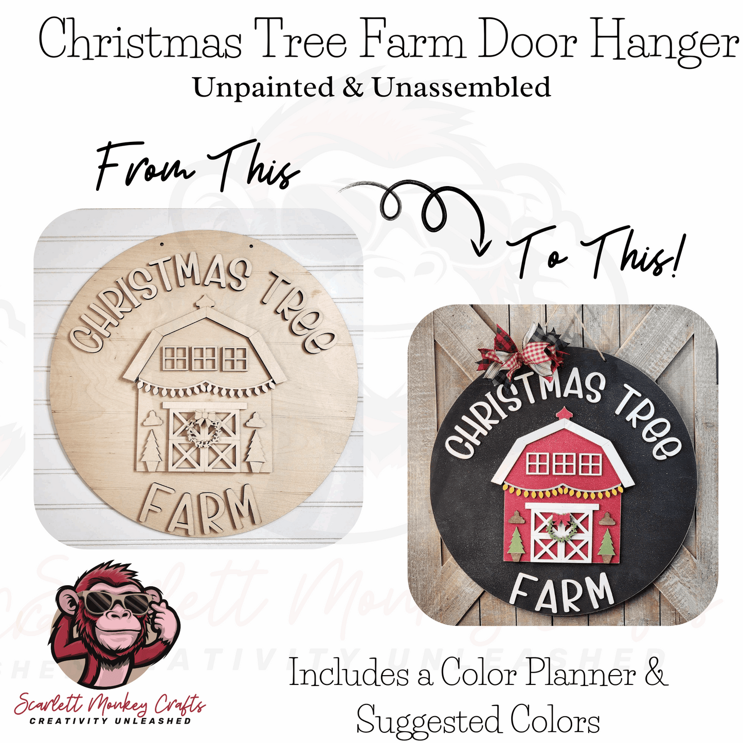 Paintable wood project kit, Christmas tree farm door hanger, DIY craft.