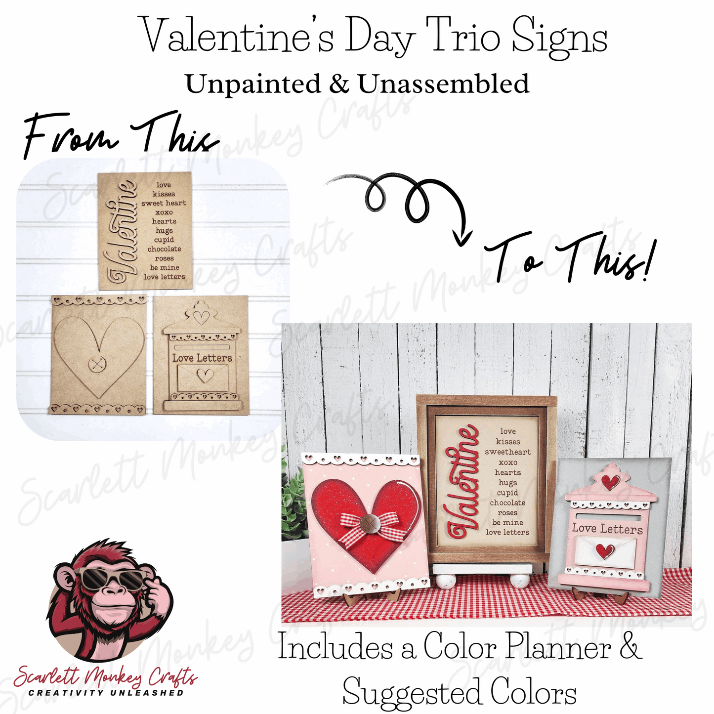 Paintable Valentine's Day trio wood signs for crafting and decoration.