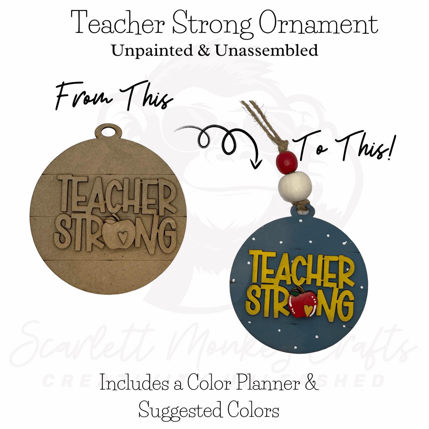 Teacher Strong Ornament, Unpainted and Unassembled, Perfect Paintable Wood Project for Kids and Paint Parties.