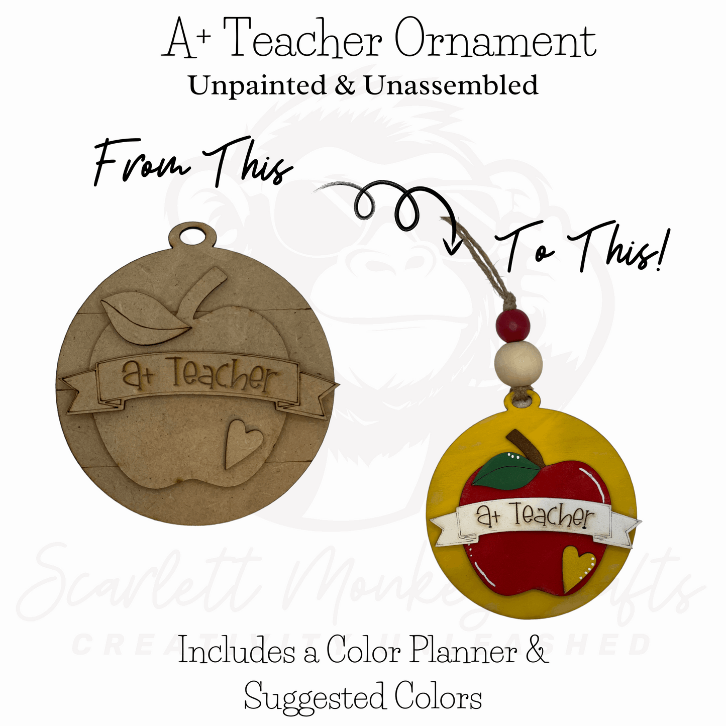 A+ Teacher Ornament, paintable wood project, unpainted and assembled version side by side, perfect for DIY gifts.