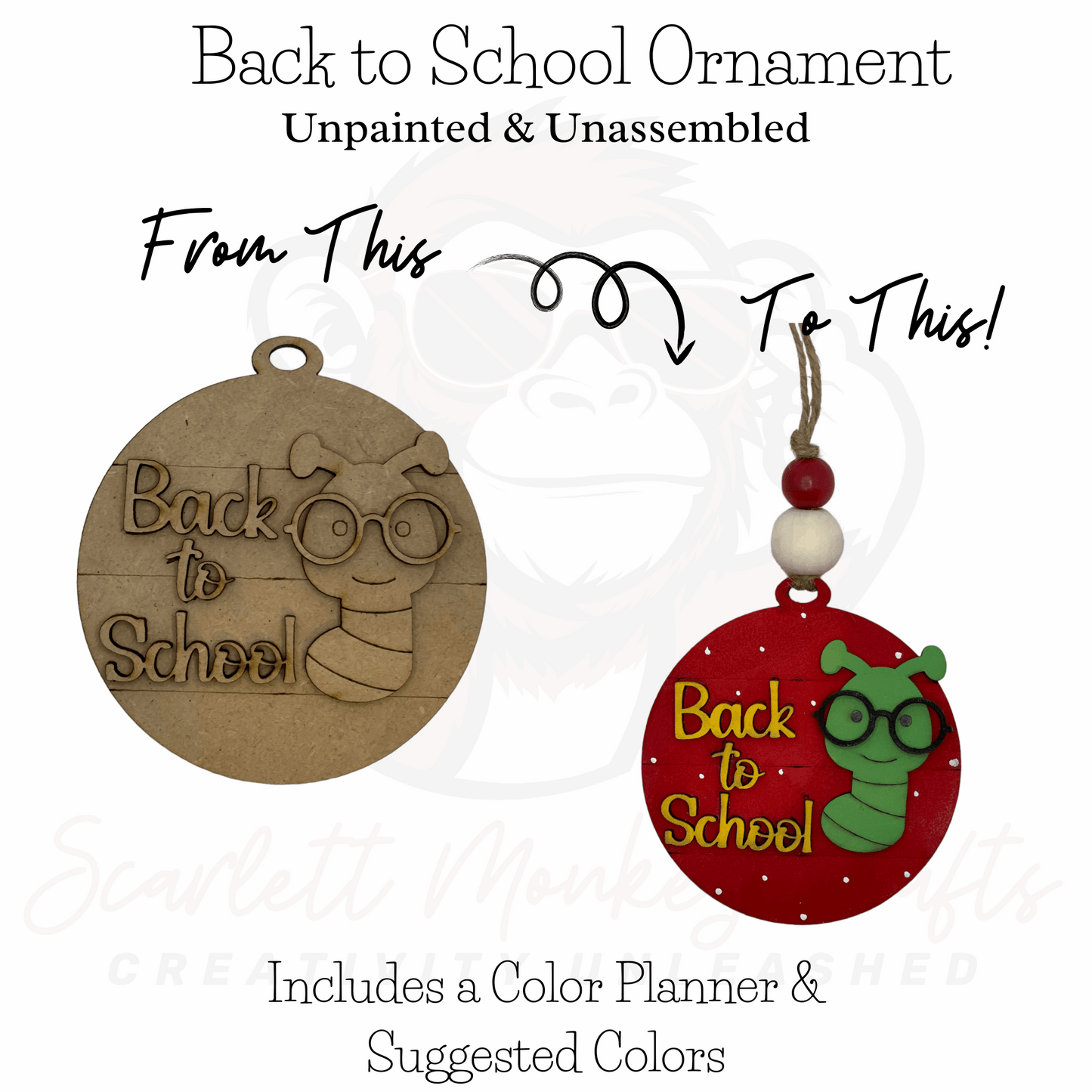 Back to School Ornament, unpainted and assembled, perfect for paintable wood project, ideal teacher gift from Scarlett Monkey Crafts.