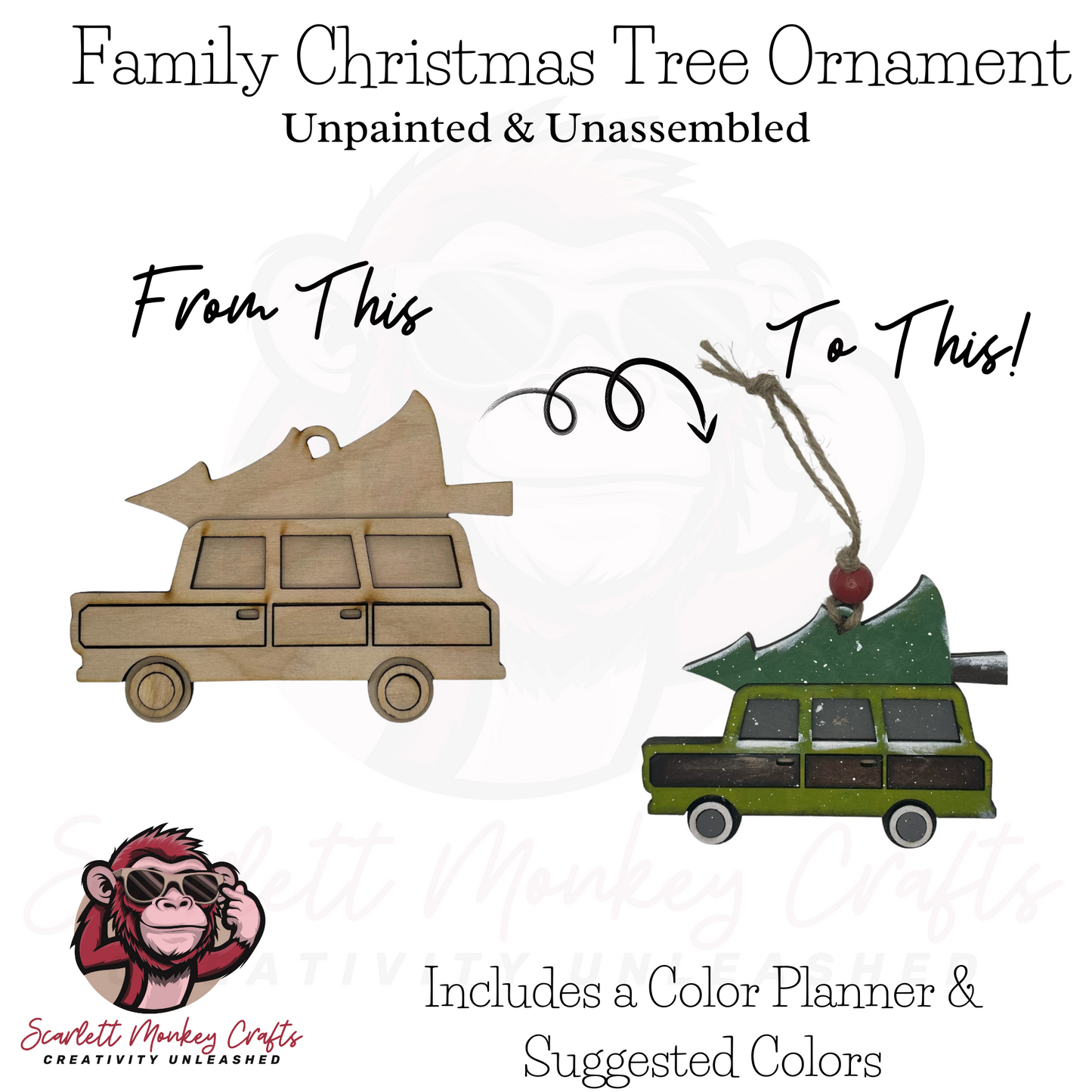 Paintable wood project - Family Christmas truck ornament, unpainted and painted version, DIY holiday decor.
