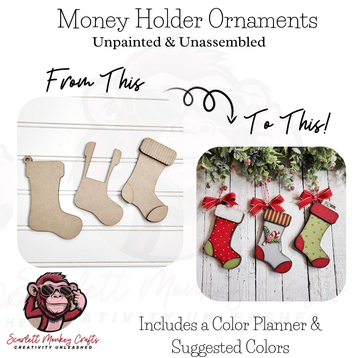 Paintable wood project stocking ornaments with money holder, unpainted and unassembled set of 3.